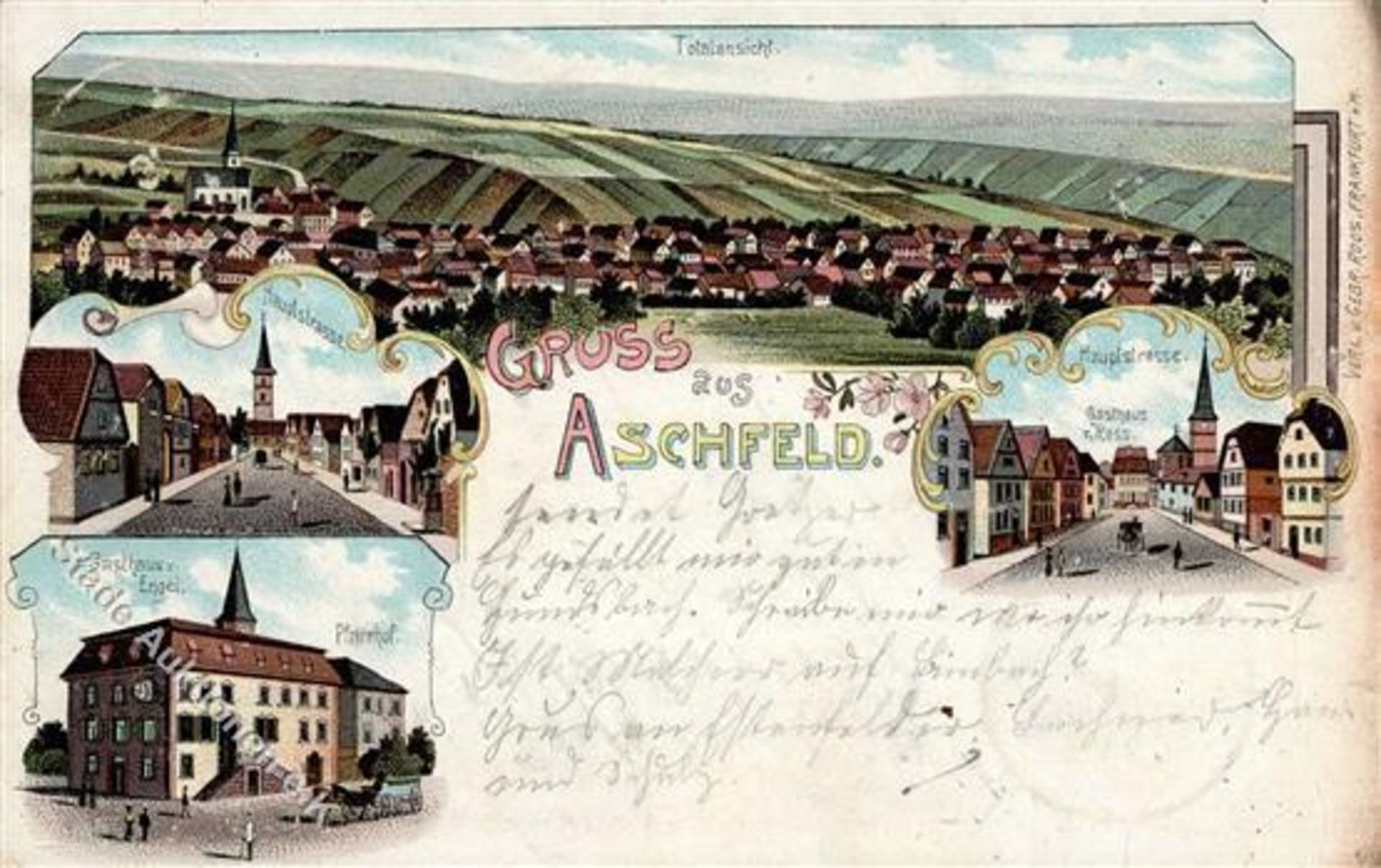 Aschfeld (8785) Hauptstrasse Gasthaus zur Rose Gasthaus zum Engel Lithographie 1903 II (