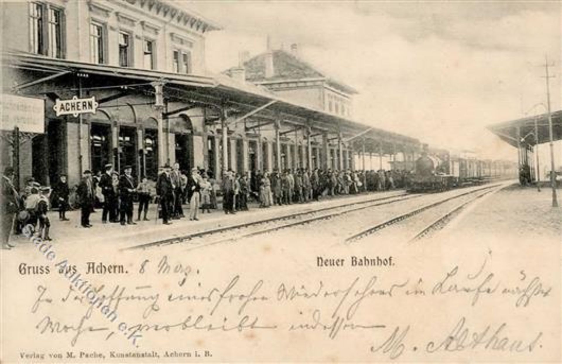 Achern (7590) Neuer Bahnhof Eisenbahn 1901 I-IIDieses Los wird in einer online-Auktion ohne Publikum