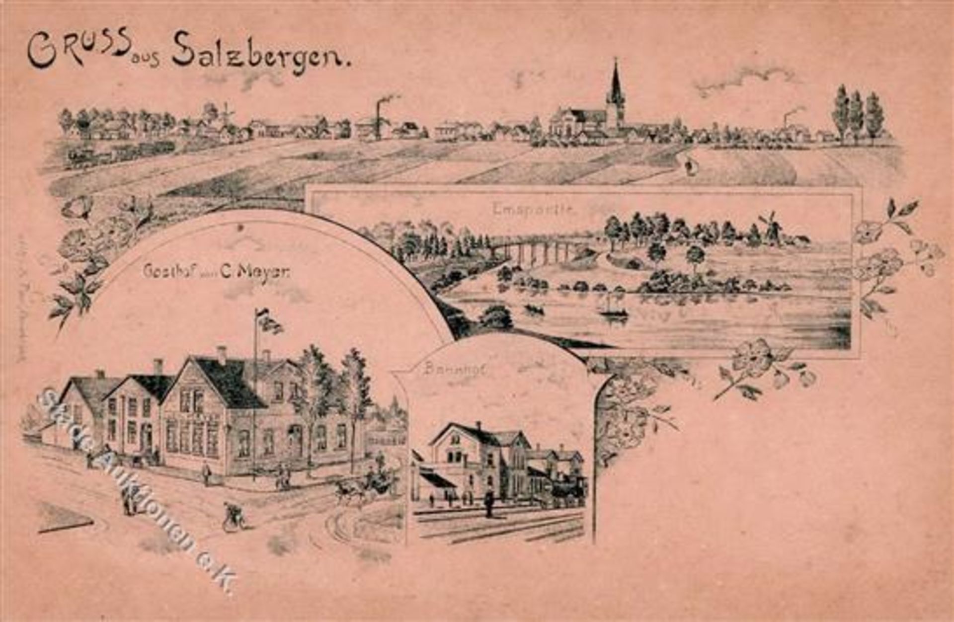 Salzbergen (4442) Gasthaus Meyer Eisenbahn Bahnhof Windmühle Lithographie 1903 I-Dieses Los wird