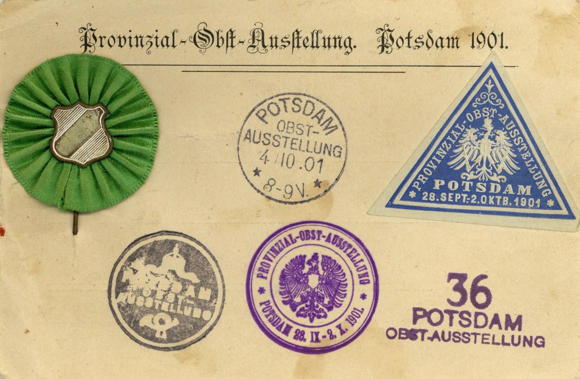 Potsdam (o-1500) Obstausstellung 1901 Karte mit Sonderstempel Vignette Anstecknadel RS Lacksiegel II