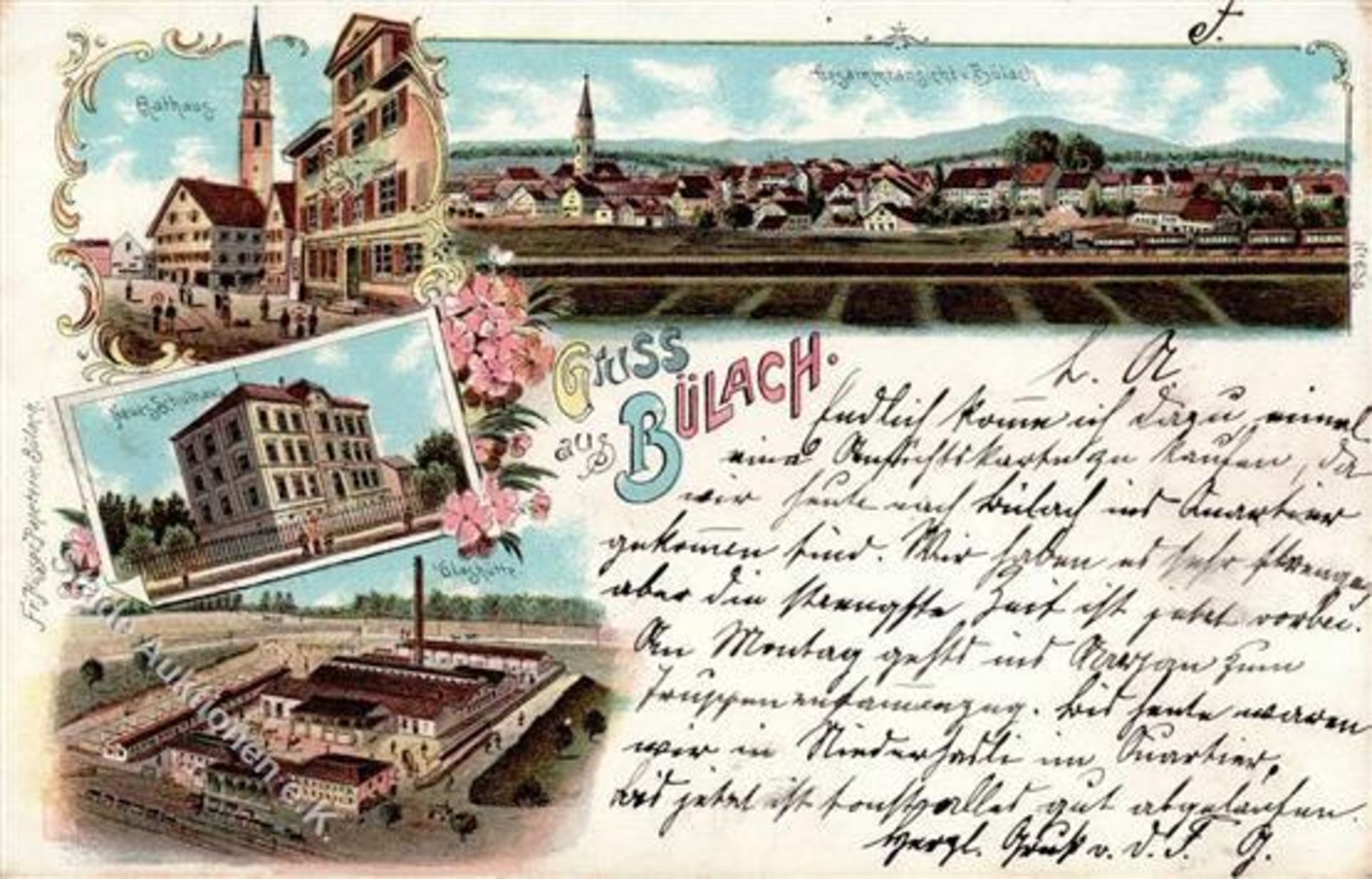 Bülach (8180) Schweiz Glasfabrik Rathaus Eisenbahn Lithographie 1898 I-Dieses Los wird in einer