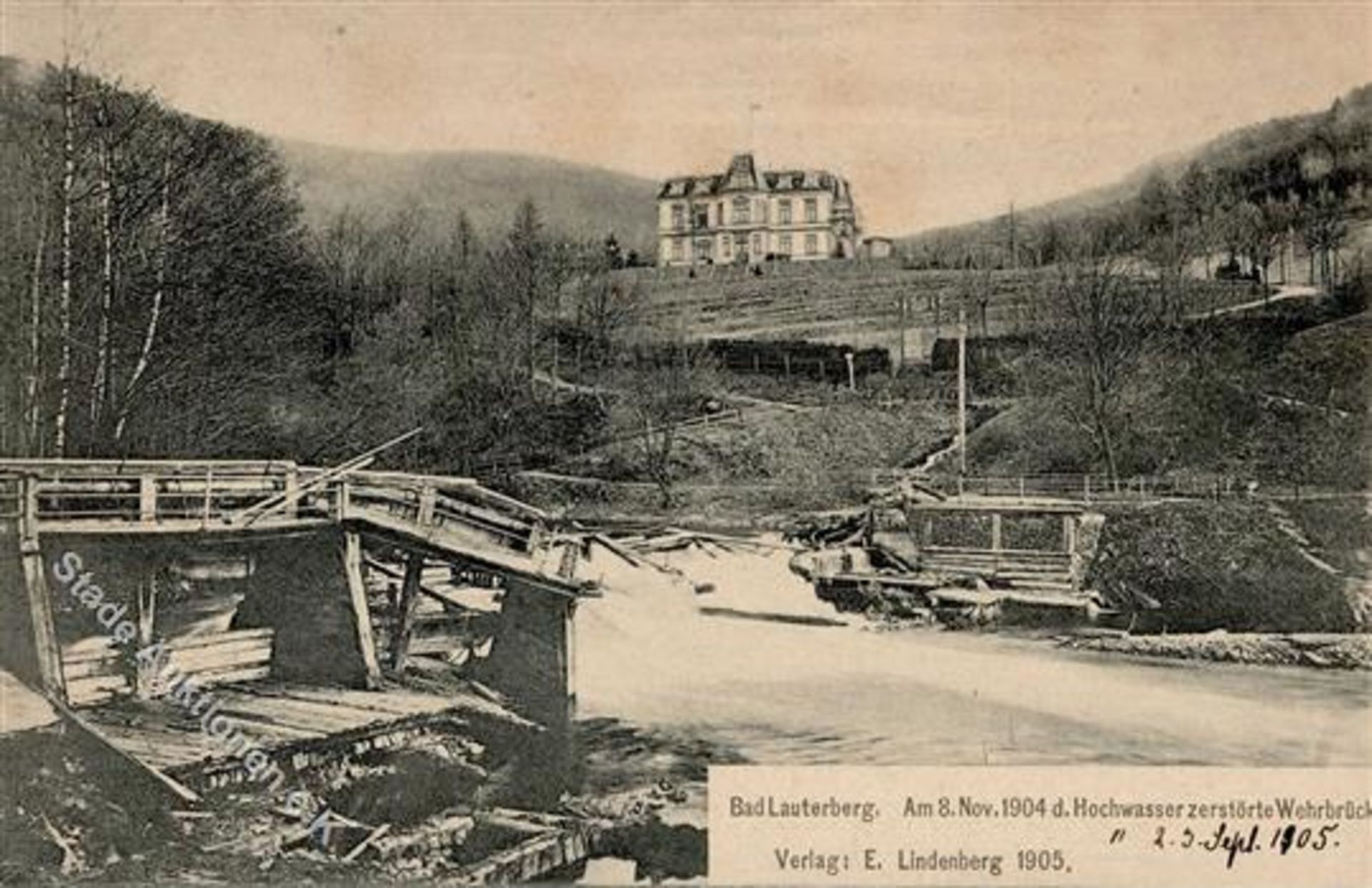 Bad Lauterberg (3422) Am 8. November 1904 die Hochwasser zerstörte Wehrbrücke IDieses Los wird in