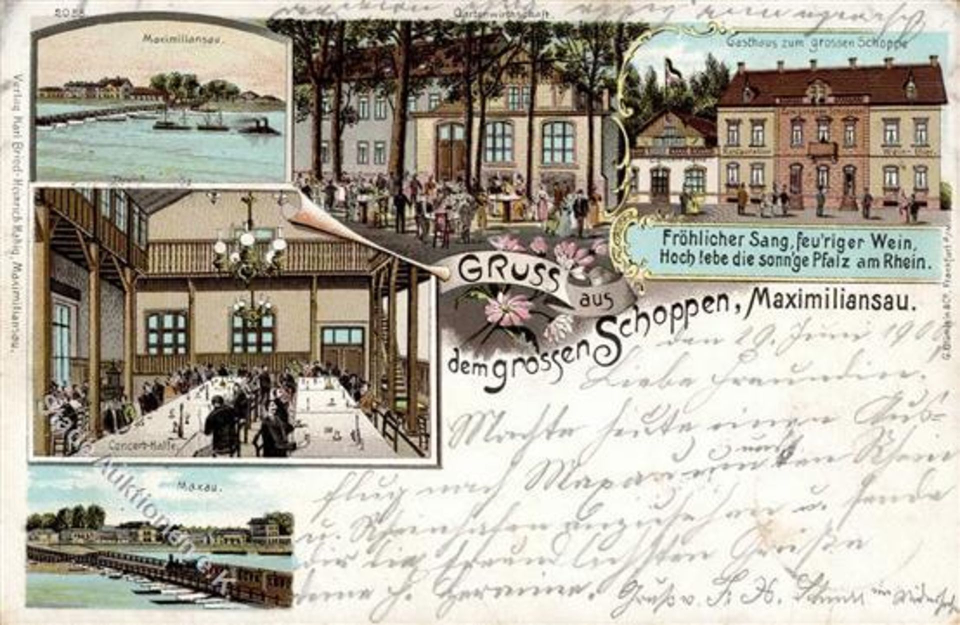 Maximiliansau (6729) Gasthaus zum grossen Schoppe Eisenbahn Lithographie 1900 I-IIDieses Los wird in