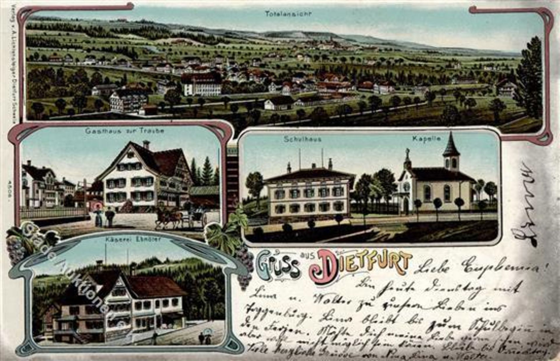 Dietfurt (9615) Schweiz Gasthaus zur Traube Käsehandlung Ebnöter Lithographie 1904 I-Dieses Los wird