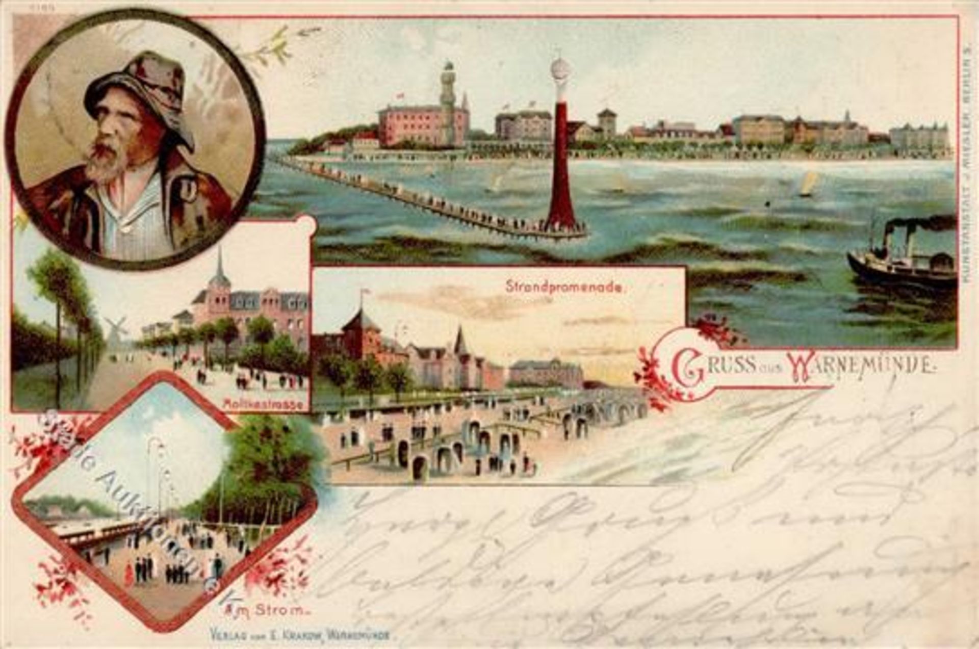 Warnemünde (O2540) Moltkestrasse Strand Leuchtturm Windmühle Lithographie 1900 I-II (Ecken