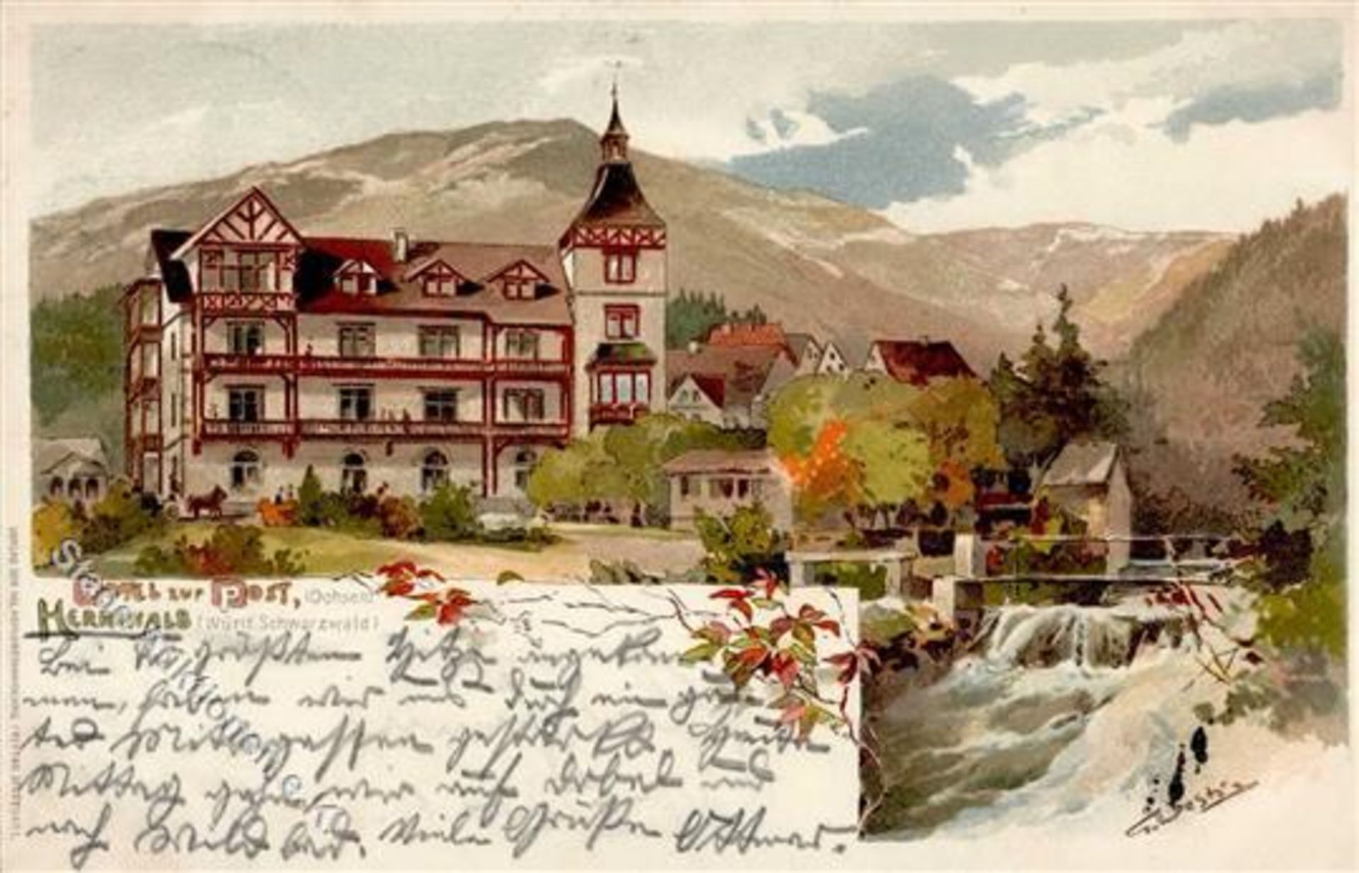 Bad Herrenalb (7506) Hotel zur Post signiert Künstlerkarte 1902 I-II (Ecken abgestossen)Dieses Los