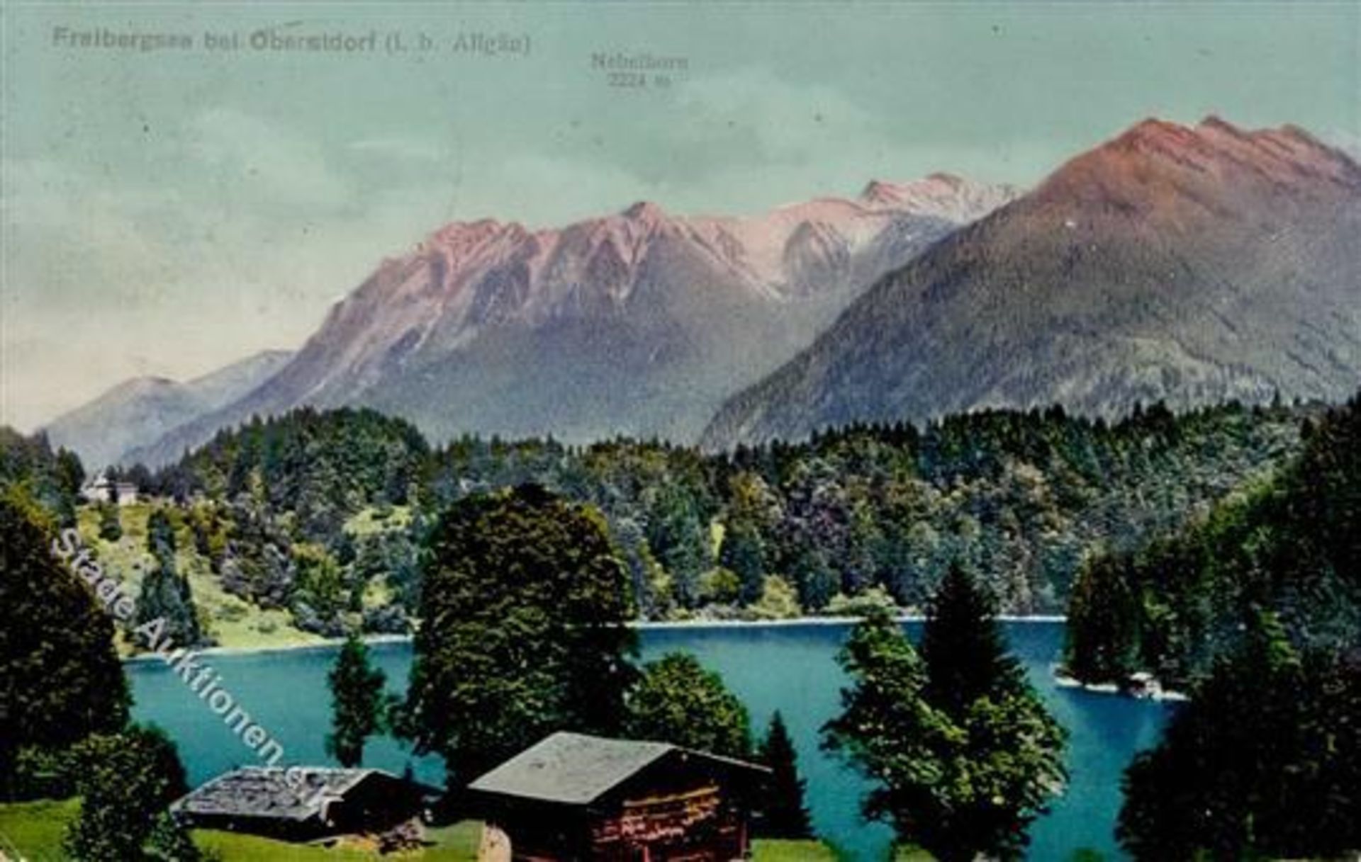 Riezlern (Österreich) farbig Freibergsee bei Oberstdorf, Nebelhorn, 1909, Nebenstempel -Walserschanz