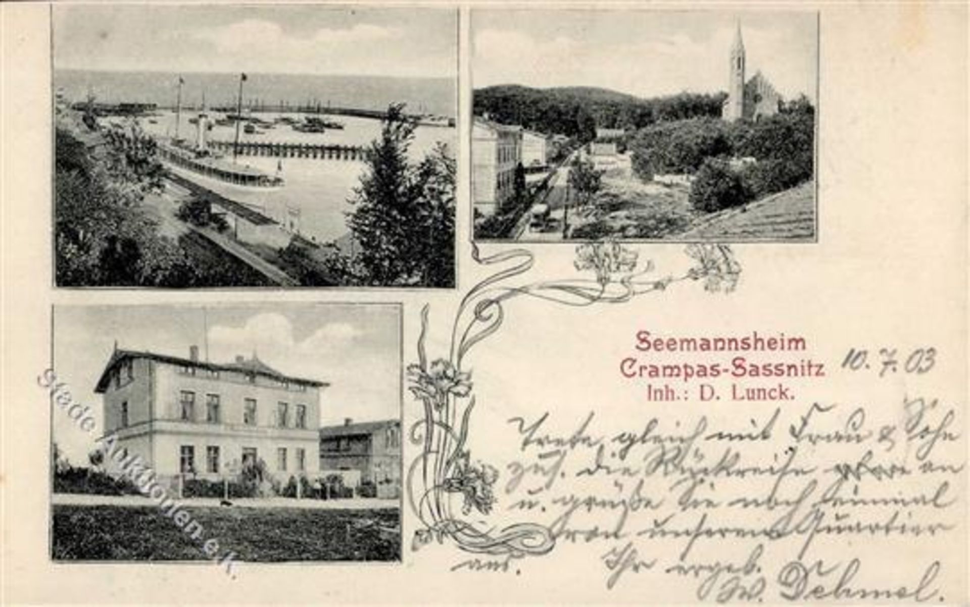 Sassnitz (O2355) Kirche Hafen Pension Seemannsheim Crampas 1903 I-IIDieses Los wird in einer