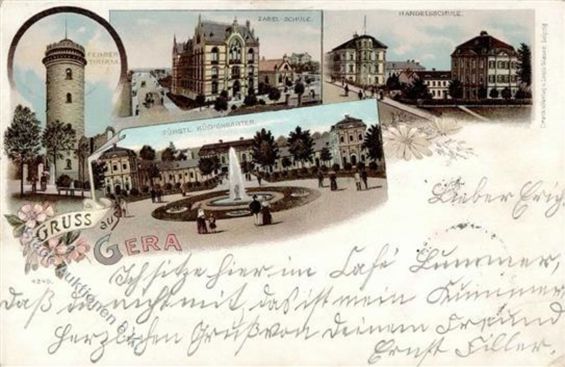 Gera (O6500) Zabel-Schule Handelsschule Ferberturm Fürstl. Küchengarten Lithographie 1897 I-II (