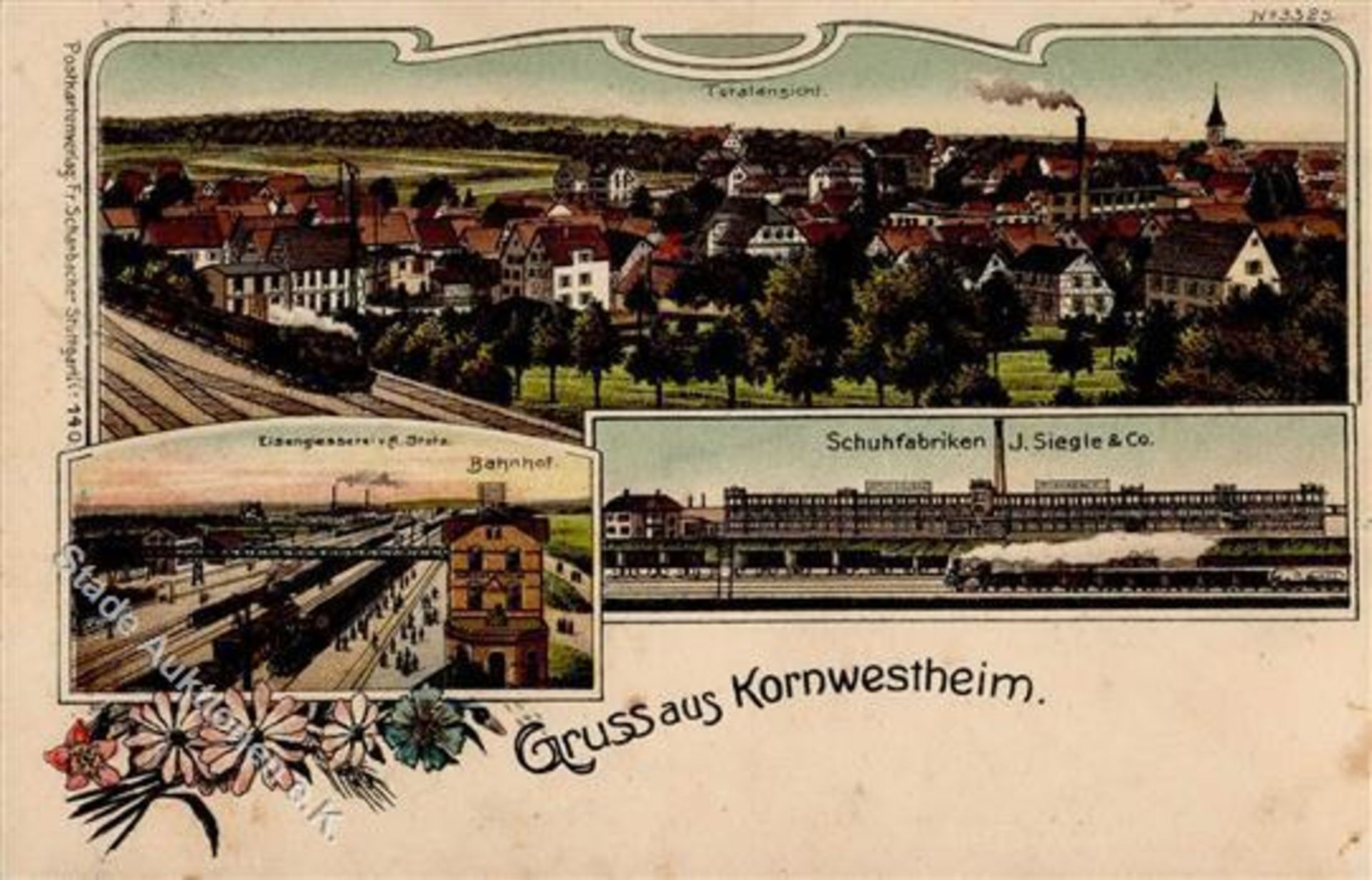 Kornwestheim (7014) Eisenbahn Schuhfabrik J. Siegle Bahnhof Eisengießerei B. Stotz I-II (Marke