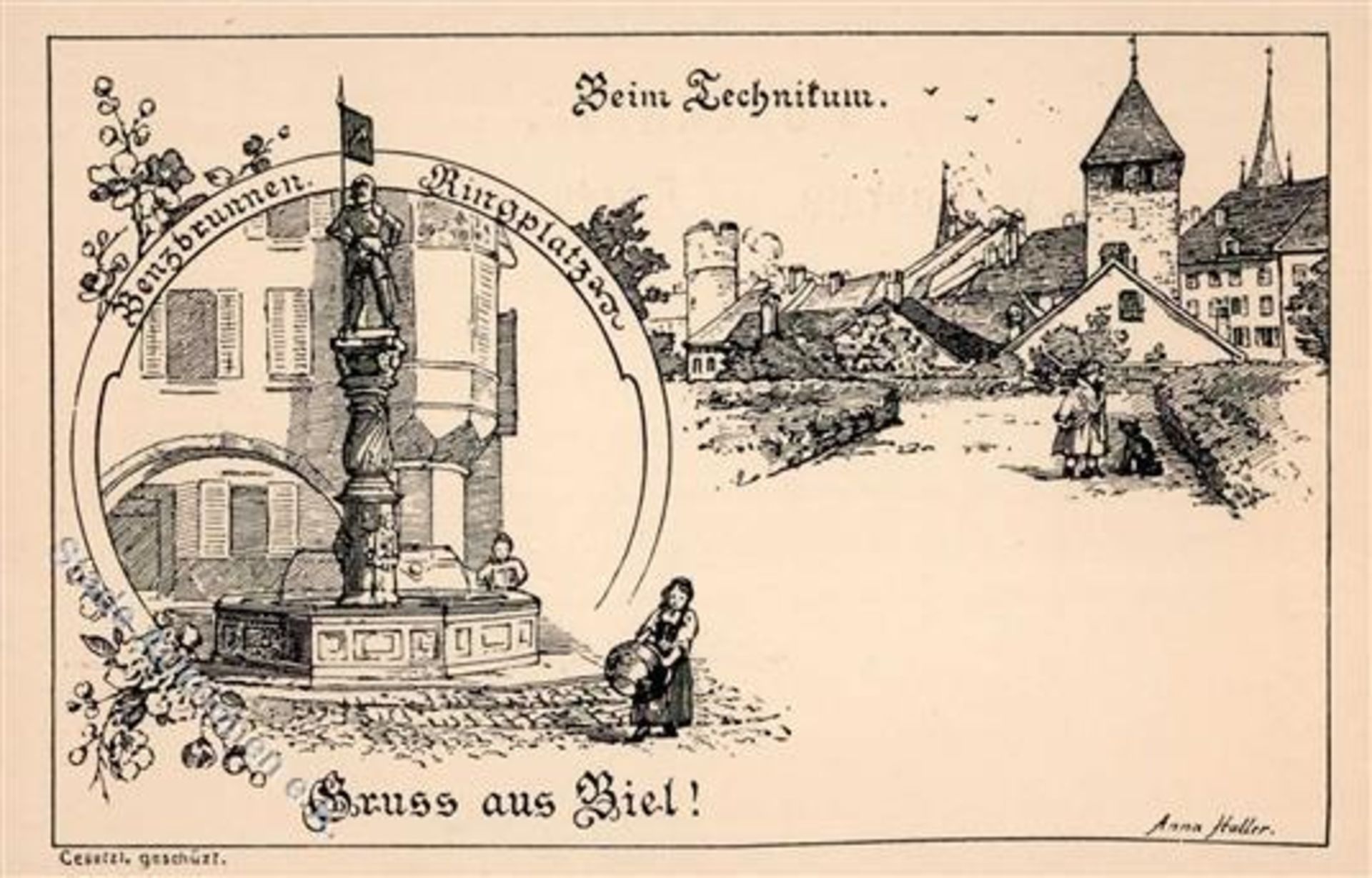 Biel/Bienne (2500) Schweiz Ringplatz Benzbrunnen sign. Anna Haller Künstlerkarte I-Dieses Los wird