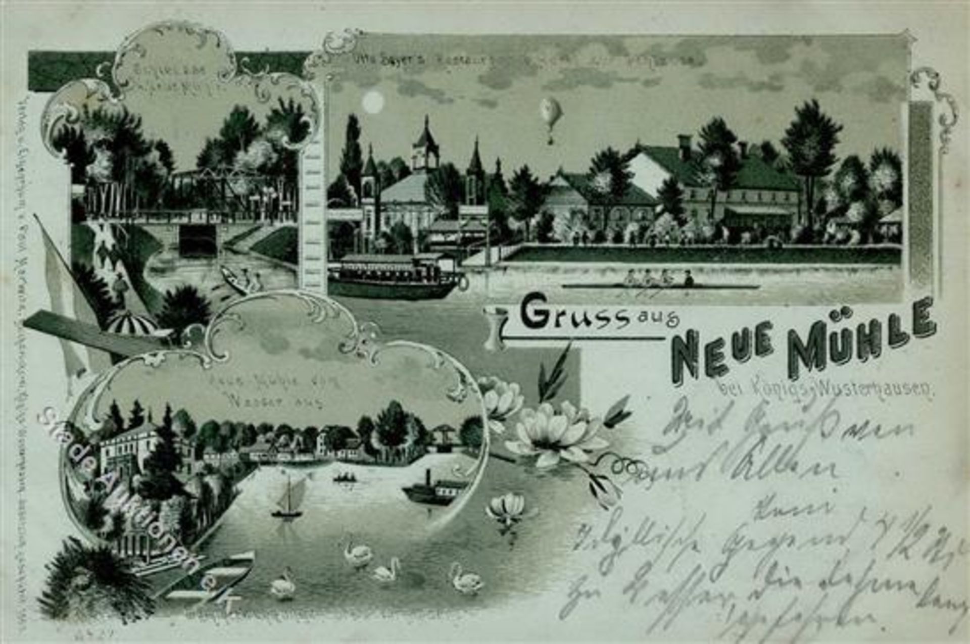 Neue Mühle (O1600) Gasthaus Beyer Lithographie / Mondschein 1899 II (kleine Stauchung)Dieses Los