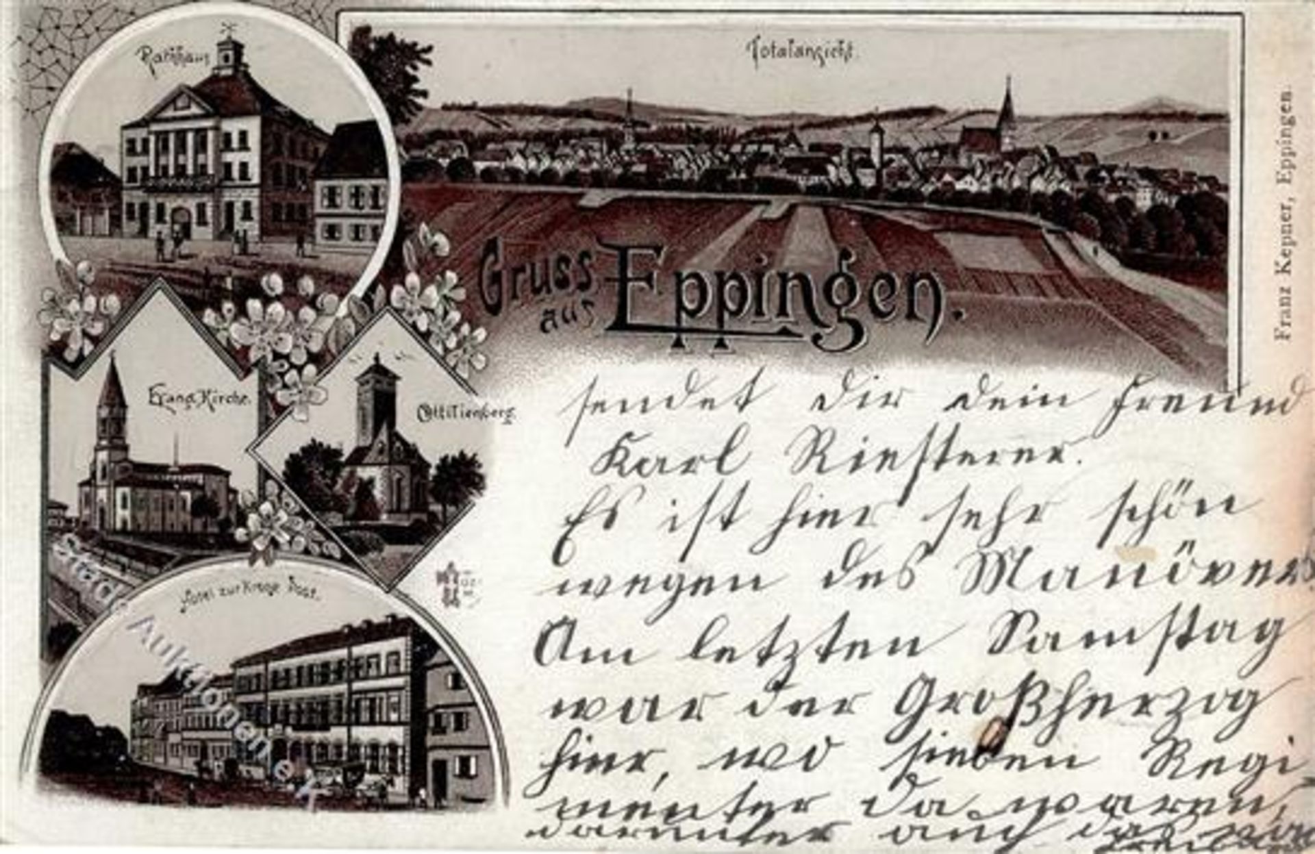 Eppingen (7519) Ev. Kirche Hotel zur Krone Postamt Rathaus Lithographie 1899 I-IIDieses Los wird