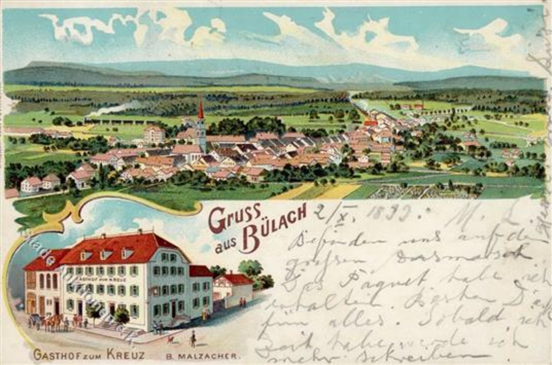 Bülach (8180) Schweiz Gasthaus zum Kreuz Lithographie 1899 I-Dieses Los wird in einer online-Auktion
