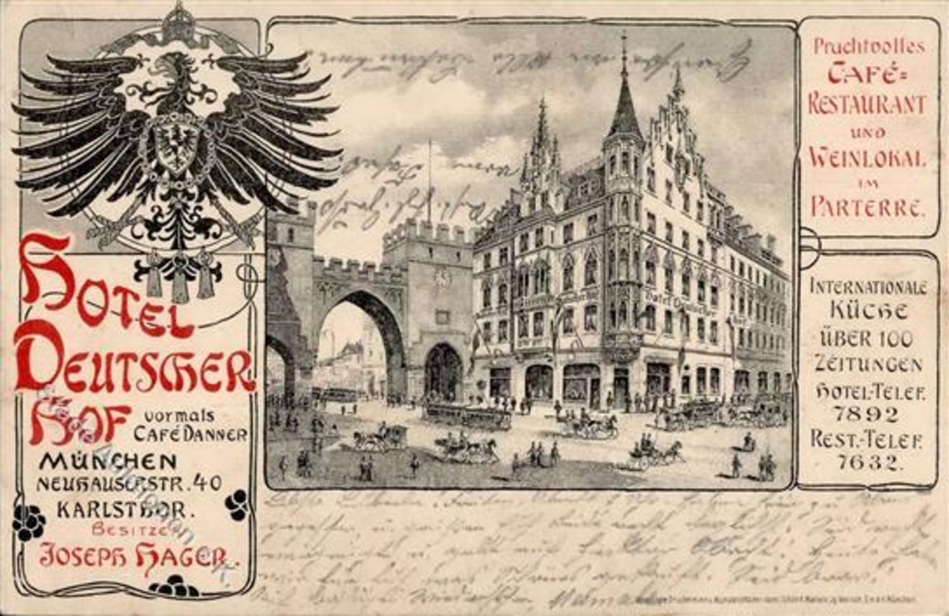 München (8000) Hotel Deutscher Hof Gasthaus Cafe Neuhauser Straße 40 Straßenbahn Postkutsche 1902