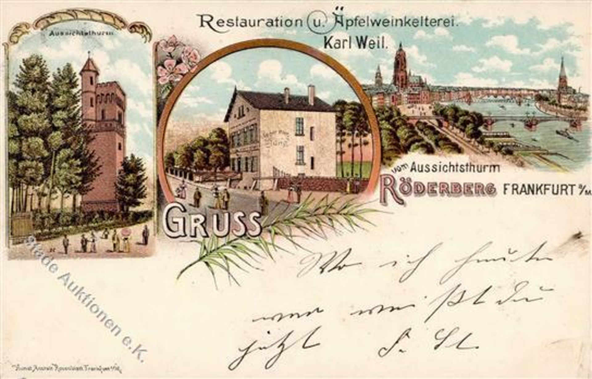 Frankfurt (6000) Gasthaus und Äpfelweinkellerei Karl Weil Aussichtsturm Lithographie 1897 II (