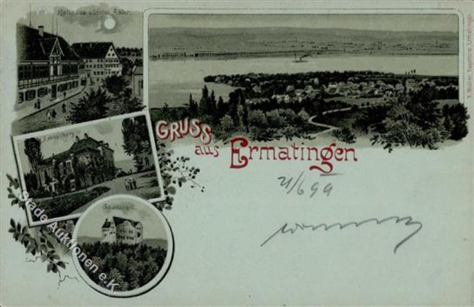 Ermatingen (8272) Schweiz Rathaus Hotel Adler Lithographie / Mondschein 1899 I-Dieses Los wird in