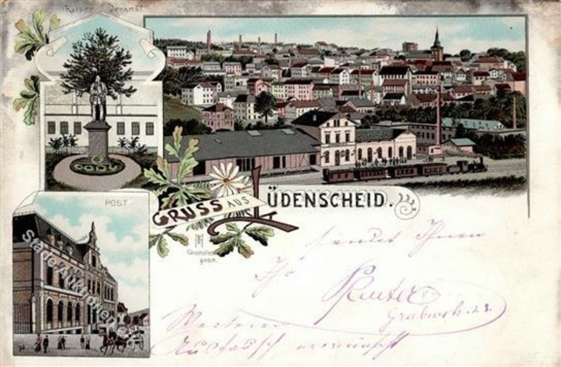 Lüdenscheid (5880) Postamt Kaiser Denkmal Bahnhof Lithographie 1898 I-Dieses Los wird in einer