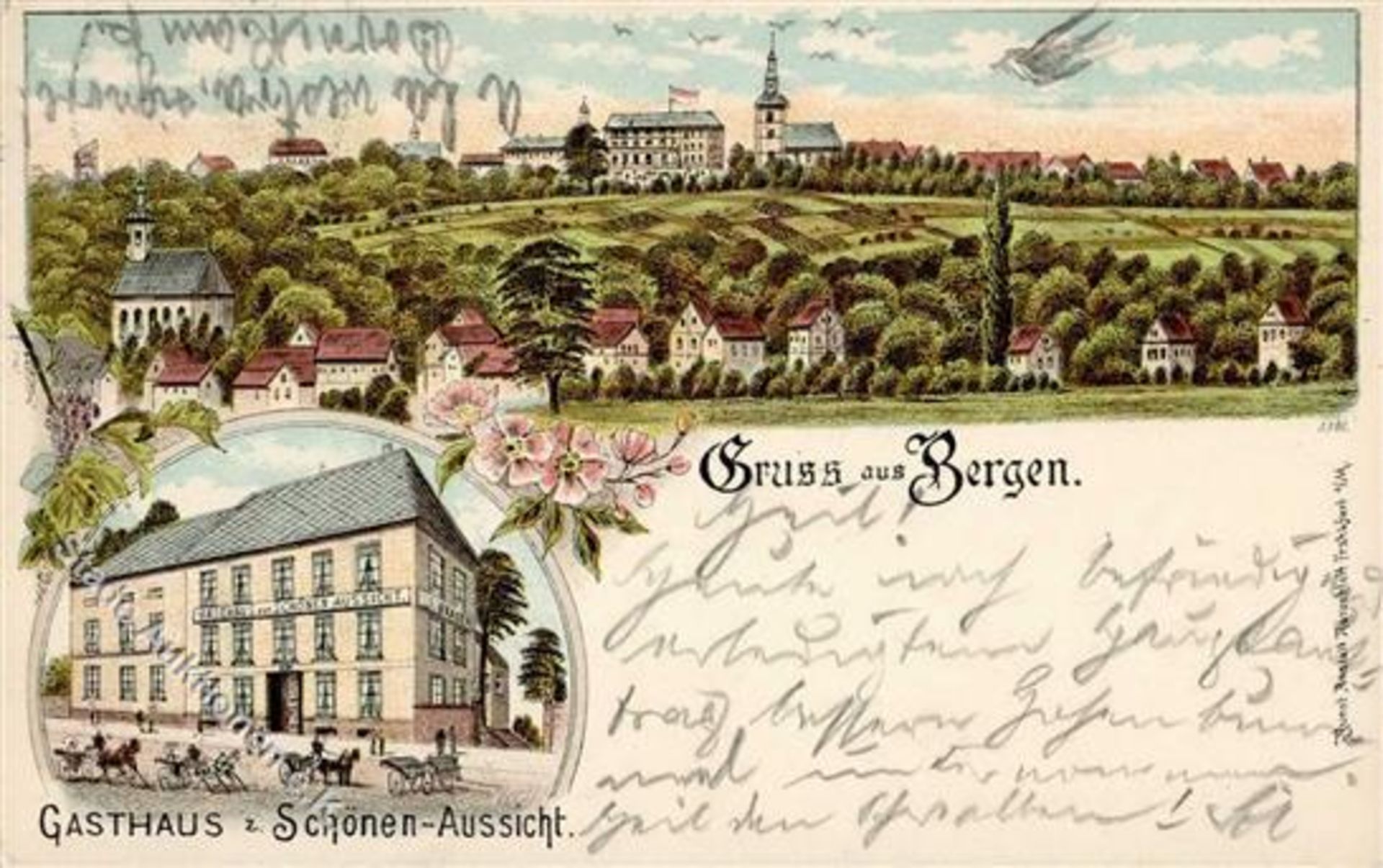 Bergen-Enkheim (6000) Gasthaus zur schönen Aussicht Lithographie 1898 II- (kleiner Einriss)Dieses