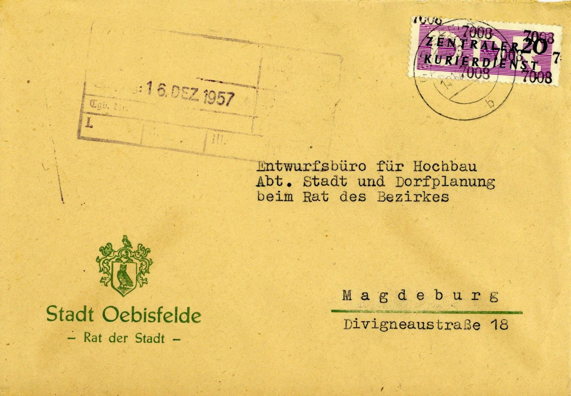 DDR ZKD 1957 Mi. 11 mit Kontrollzahl 7008 als EF auf Brief von Oebisfelde nach Magdeburg KB König,