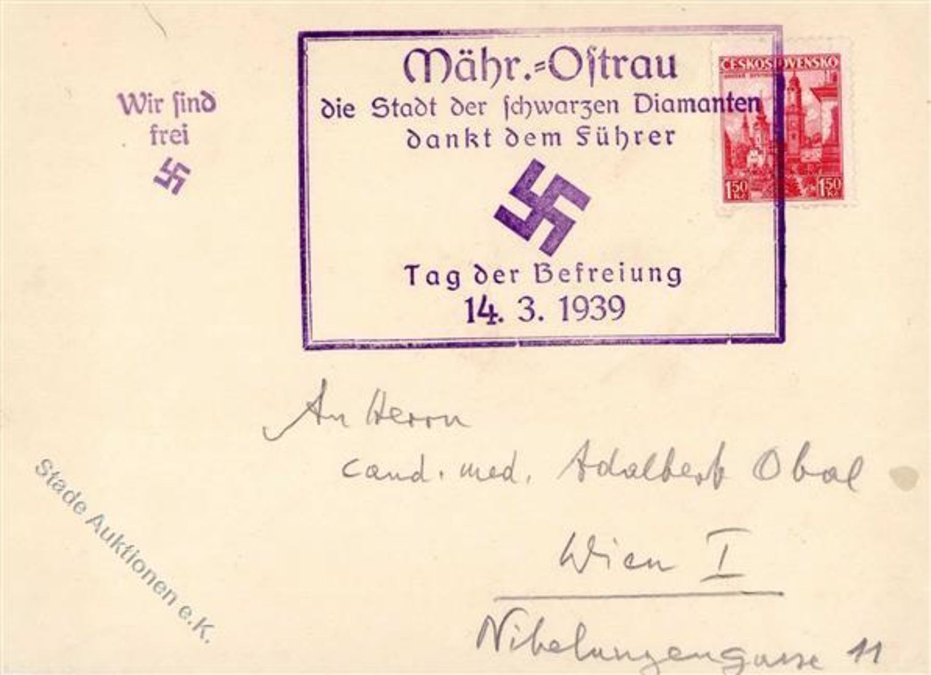 1939 Brief mit Propagandastempel von Mährisch Ostrau I-IIDieses Los wird in einer online-Auktion