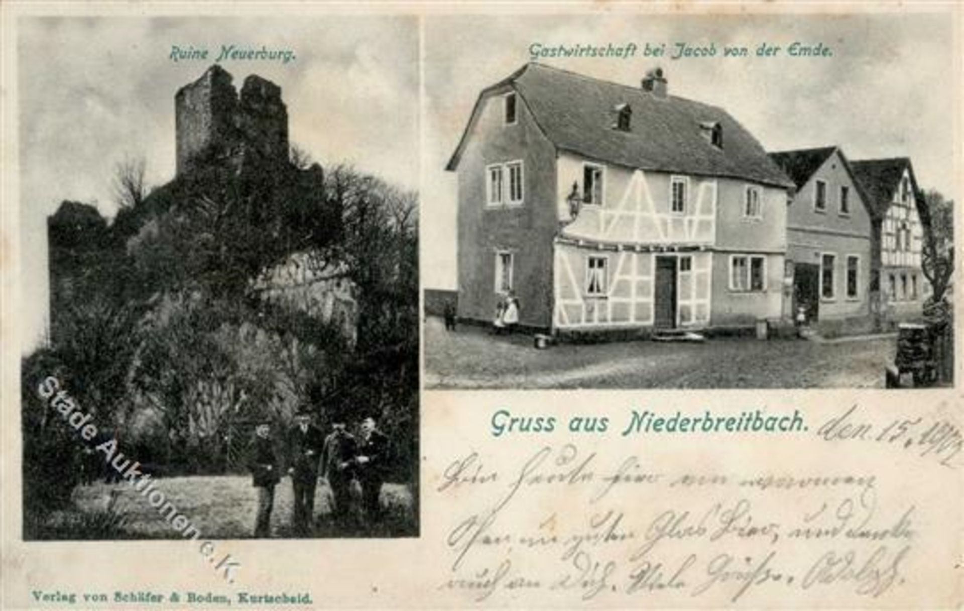 Niederbreitbach (5451) Gasthaus bei Jacob von der Emde Ruine Neuerburg 1902 I-II (Ecken