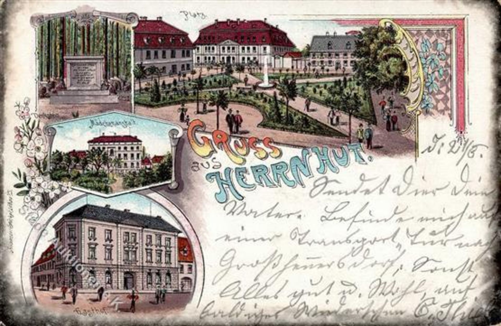 Herrnhut (O8709) Denkmal Gasthaus Schule Lithographie 1900 I-II (Ecken abgestoßen)Dieses Los wird in