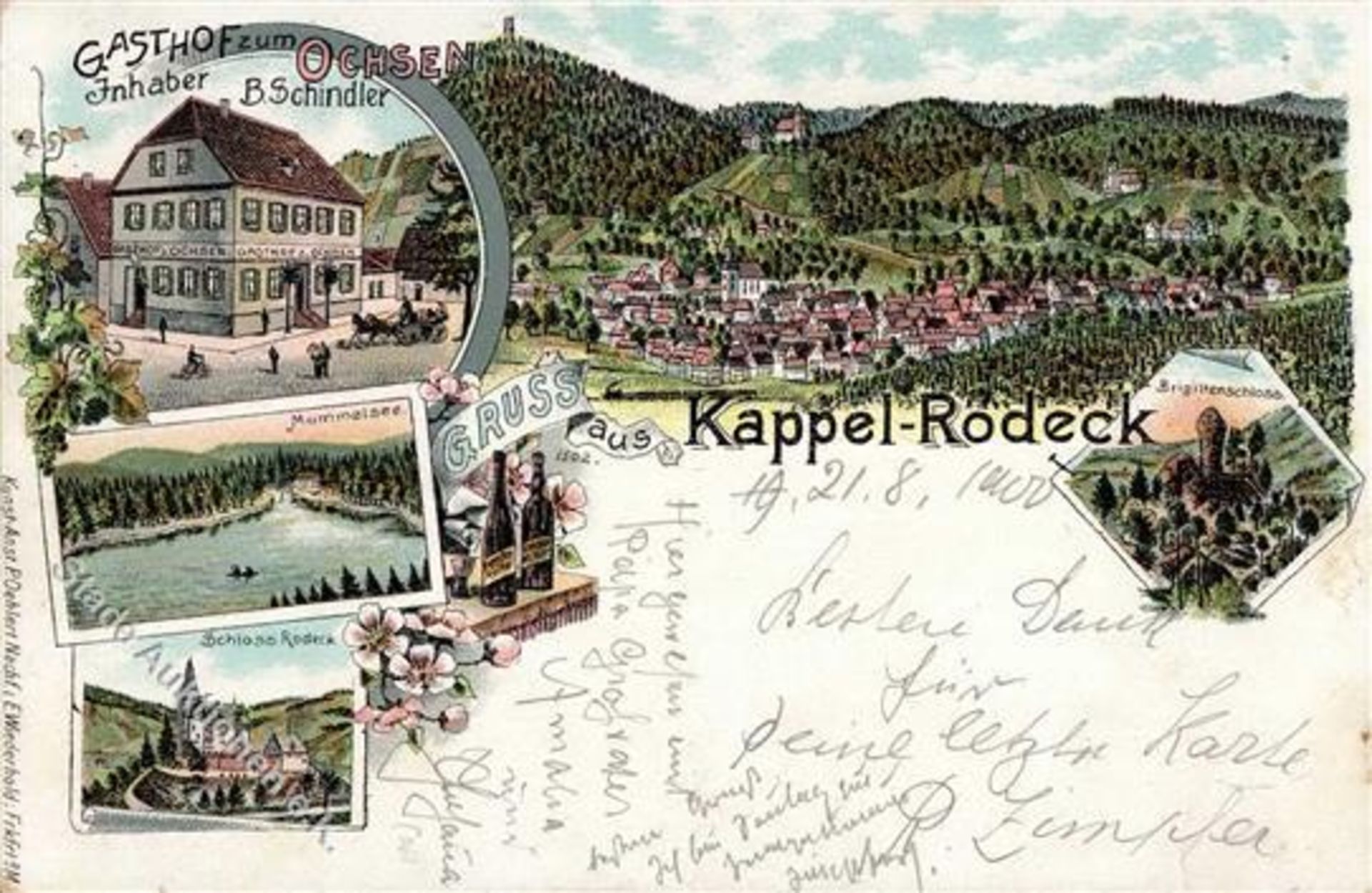 Kappelrodeck (7594) Gasthaus zum Ochsen Schloss Rodeck Lithographie I-II (Marke teilweise entfernt)