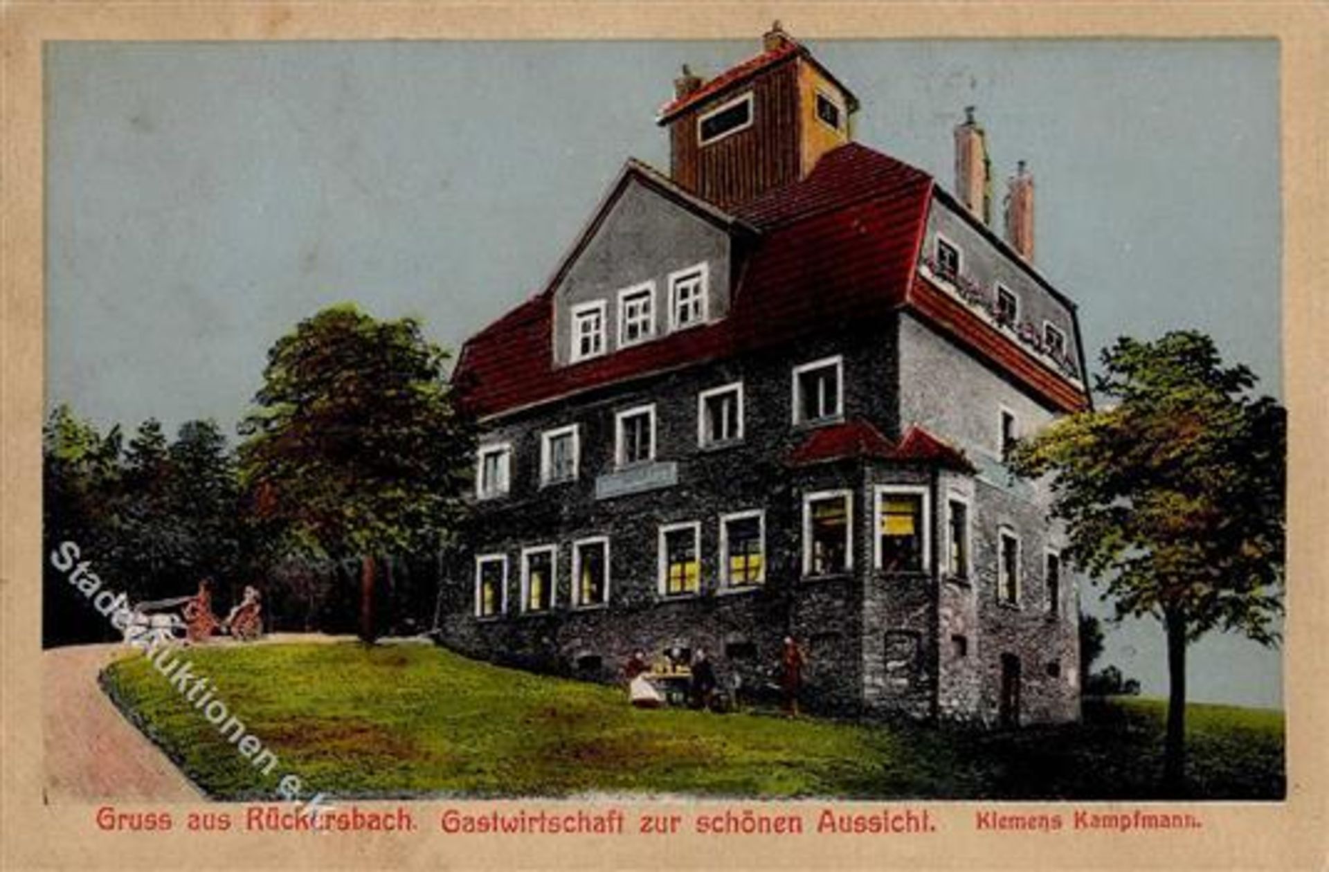 Rückersbach (8752) Gasthaus zur schönen Aussicht Inh. Kampfmann 1917 I-II (Ecken abgestossen,