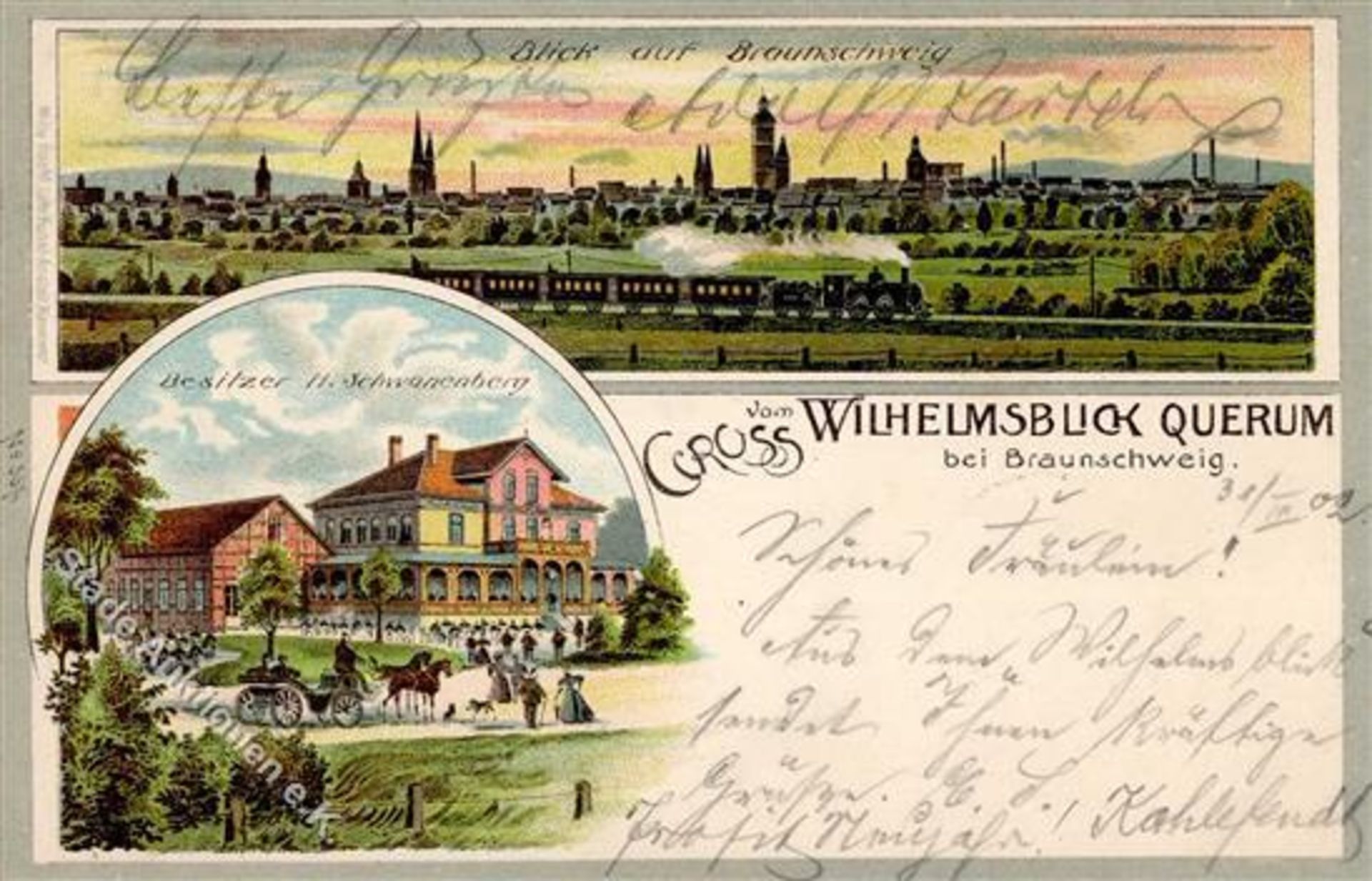 Braunschweig (3300) Gasthaus Wilhelmsblick Querum Inh. Schwanenberg Eisenbahn Lithographie 1902 I-