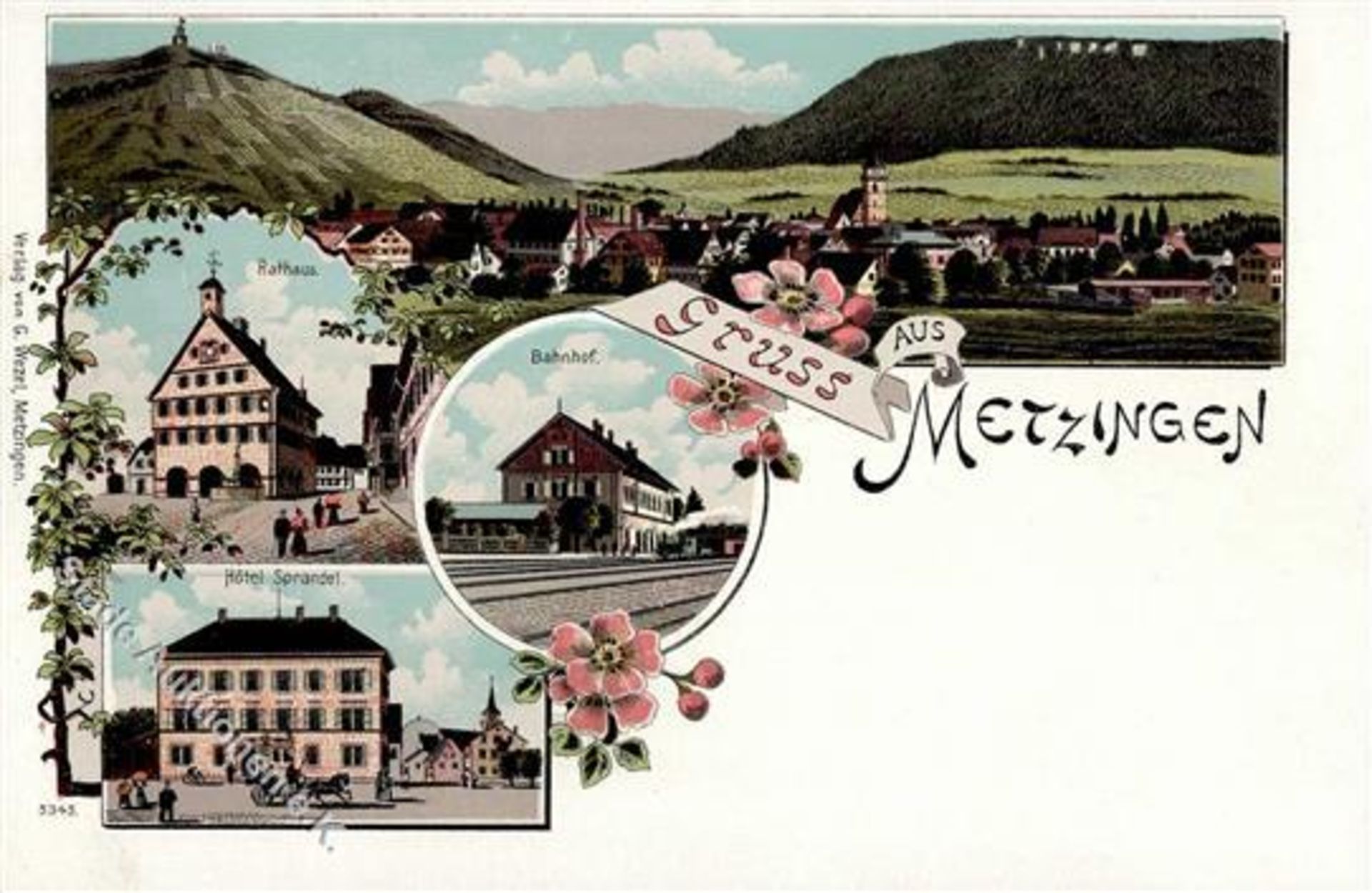 Metzingen (7430) Bahnhof Eisenbahn Rathaus Hotel Sprandel Lithographie IDieses Los wird in einer