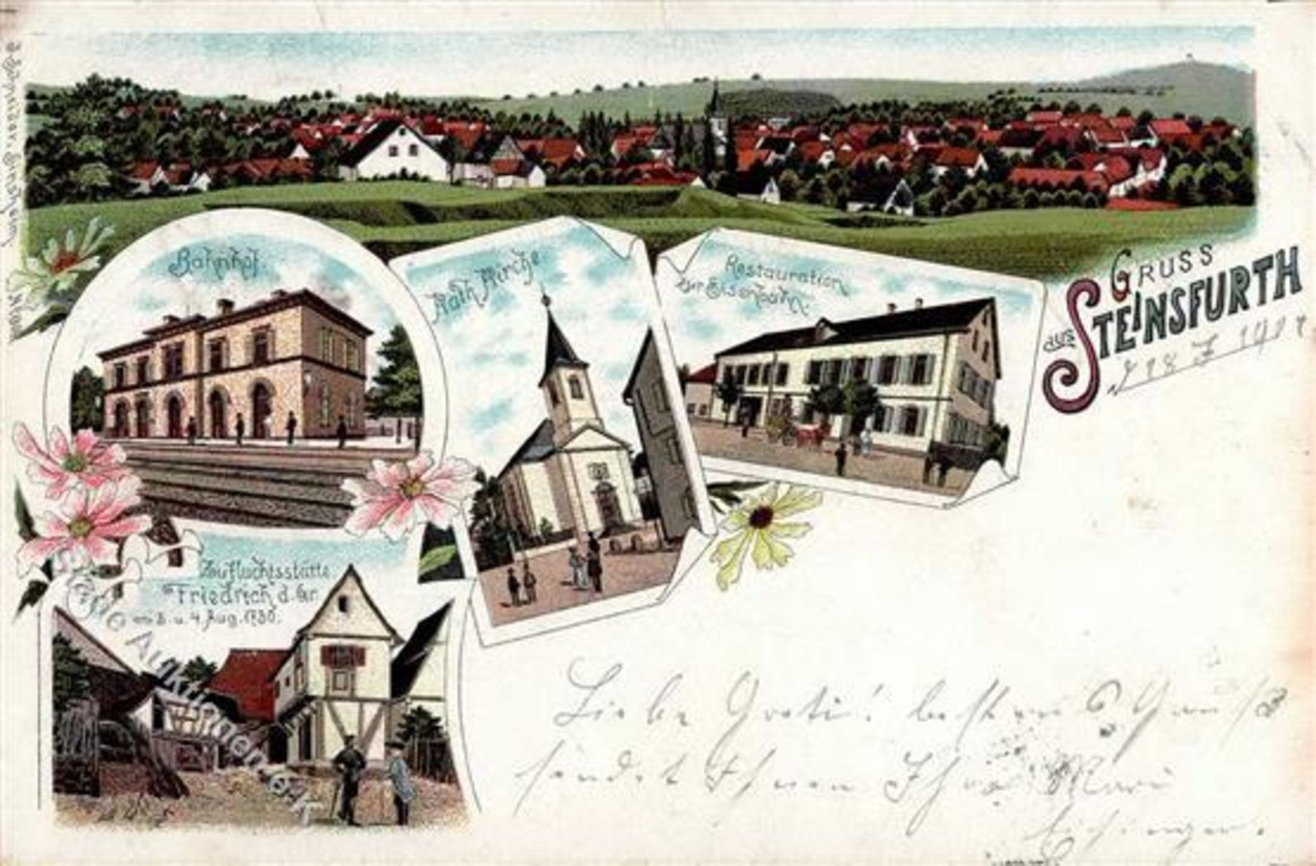 Steinsfurt (6920) Bahnhof Kath. Kirche Gasthaus zur Eisenbahn 1901 II (Stauchung)Dieses Los wird