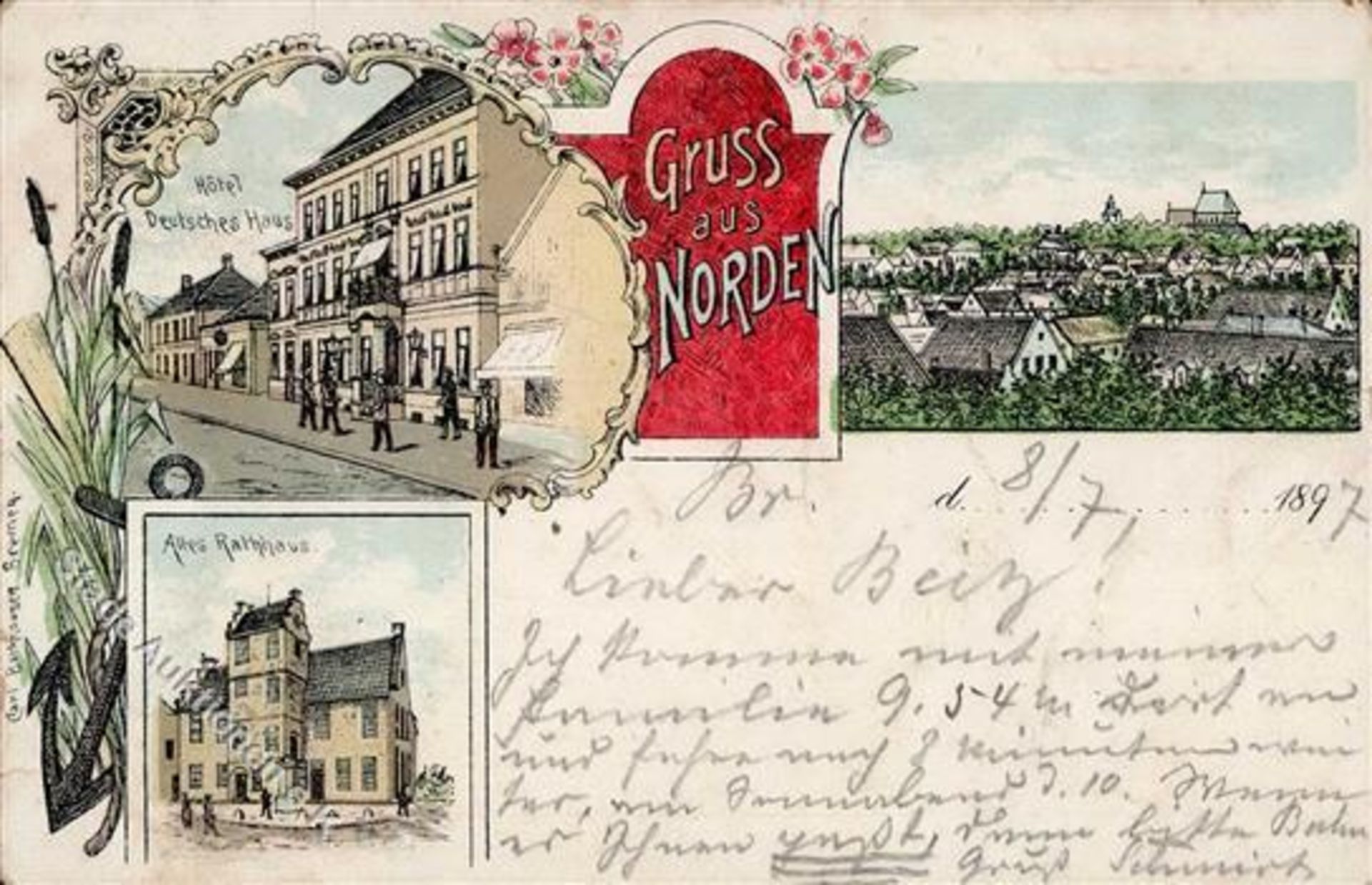 Norden (2980) Hotel Deutsches Haus Rathaus Lithographie 1897 II (Ecken abgestoßen)Dieses Los wird in