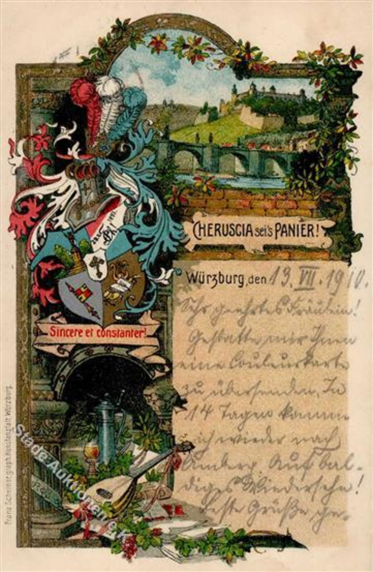 Würzburg (8700) Studentika Verlag Franz Scheiner 1910 II (Stauchung, Marke entfernt)Dieses Los