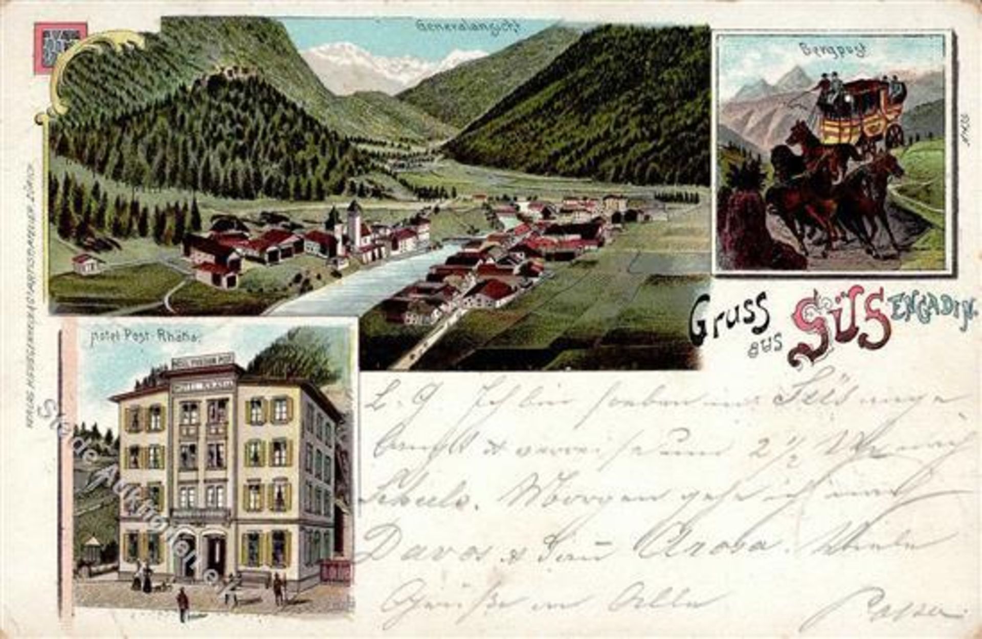 Susch (7542) Schweiz Hotel Post Postkutsche Lithographie 1900 II (Stauchung)Dieses Los wird in einer