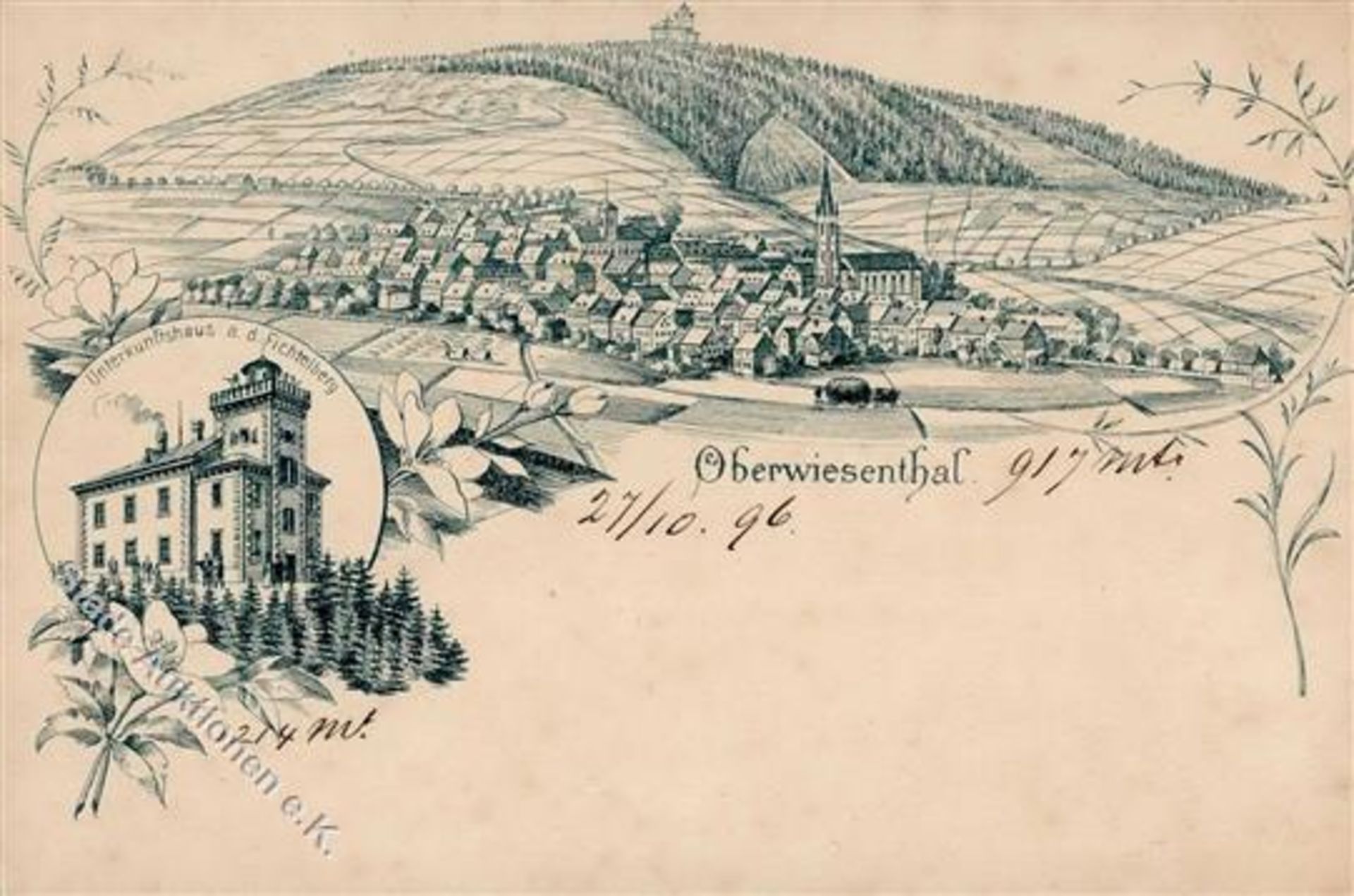 Oberwiesenthal (O9312) Pension Fichtelberg Ortsansicht Kirche Vorläufer 1896 I-IIDieses Los wird