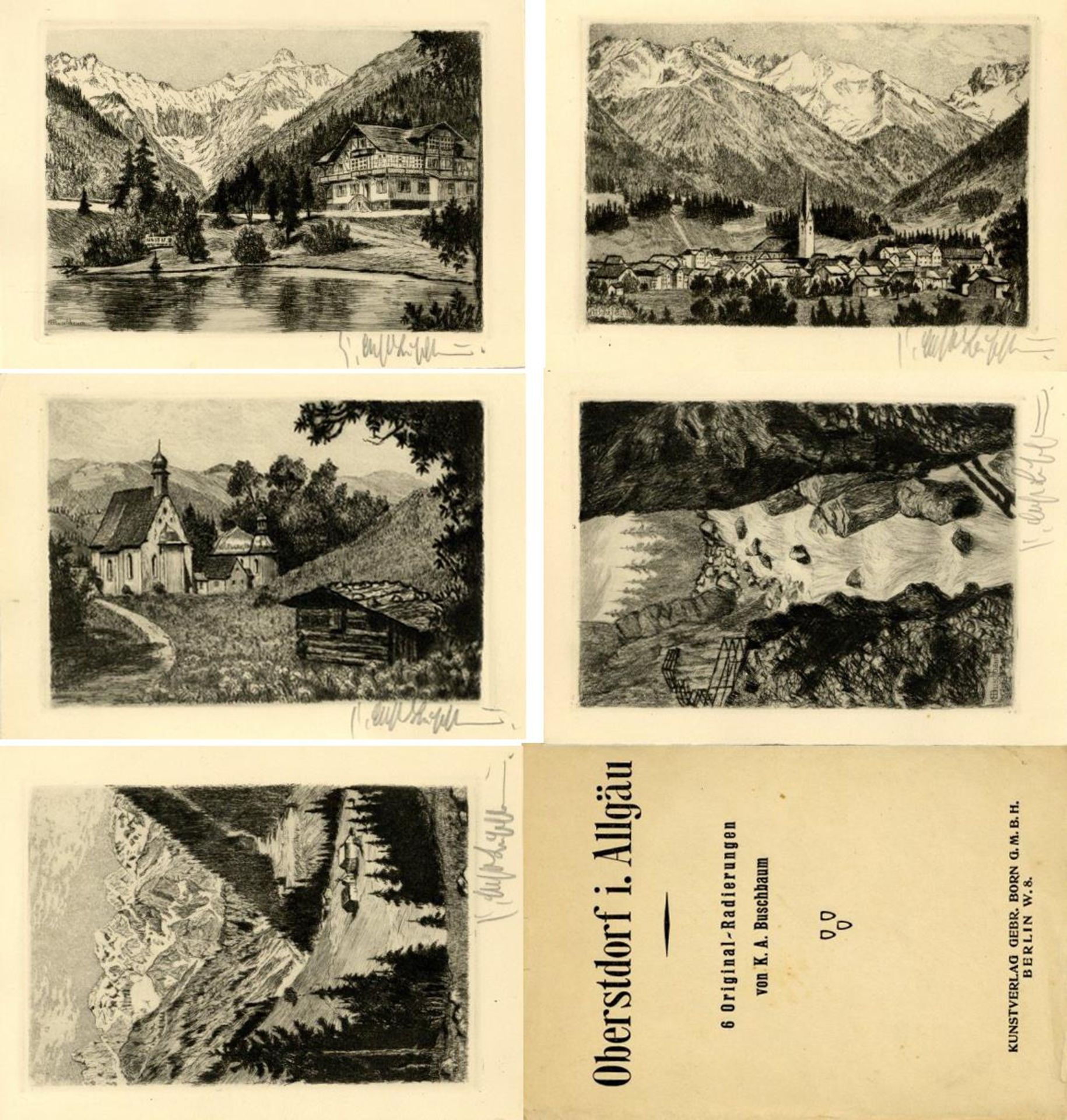 Oberstdorf (8980) 5 Karten der 6'er Serie Radierungen sign. Buschbaum, K. A. und orign. Umschlag I-