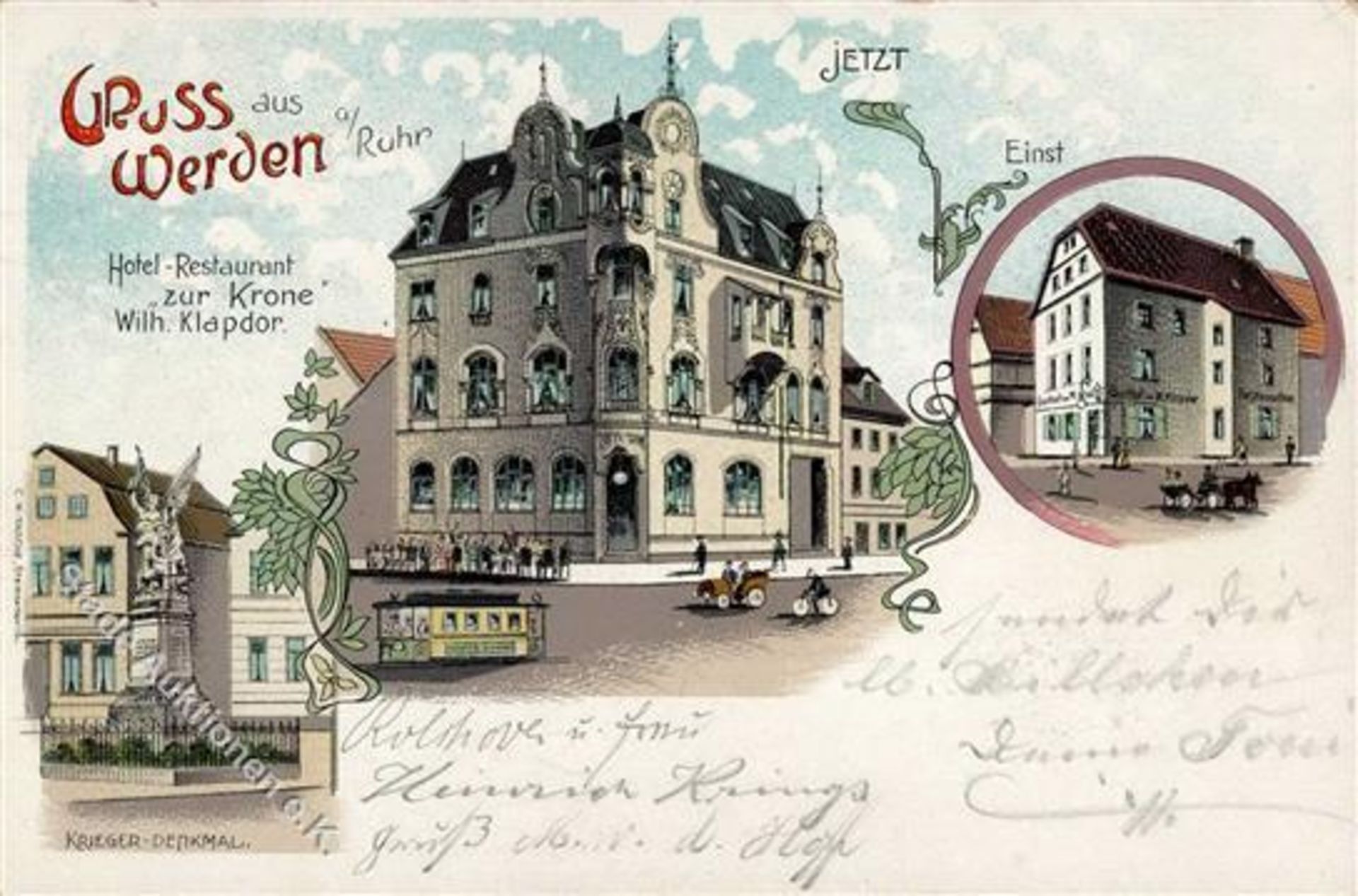 Werden (4300) Hotel zur Krone Straßenbahn Kriegerdenkmal Lithographie I-IIDieses Los wird in einer