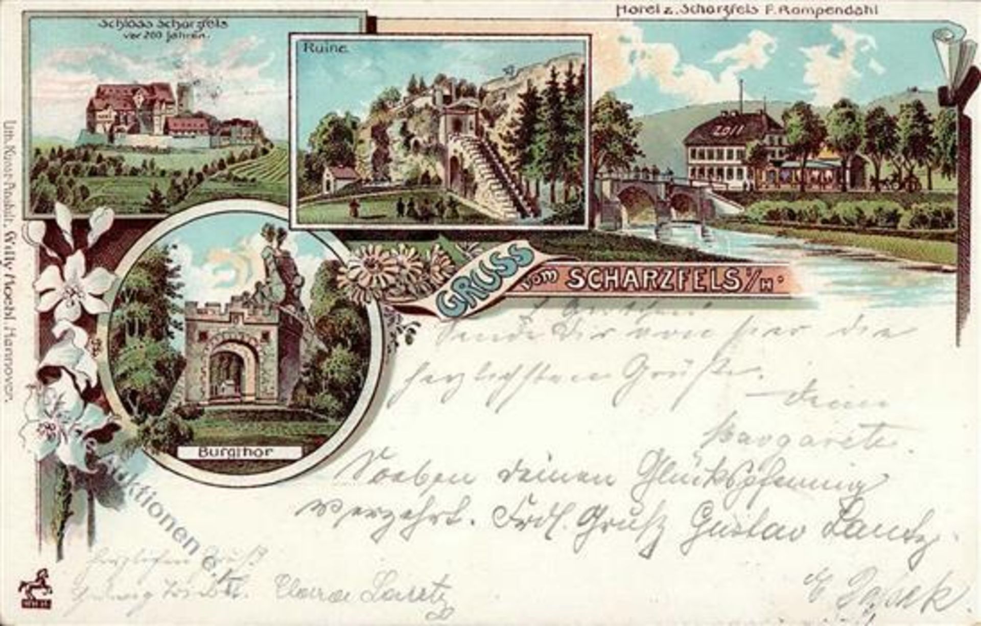 Scharzfeld (3429) Schloss Scharzfels Hotel zum Scharzfels Lithographie 1902 I-Dieses Los wird in