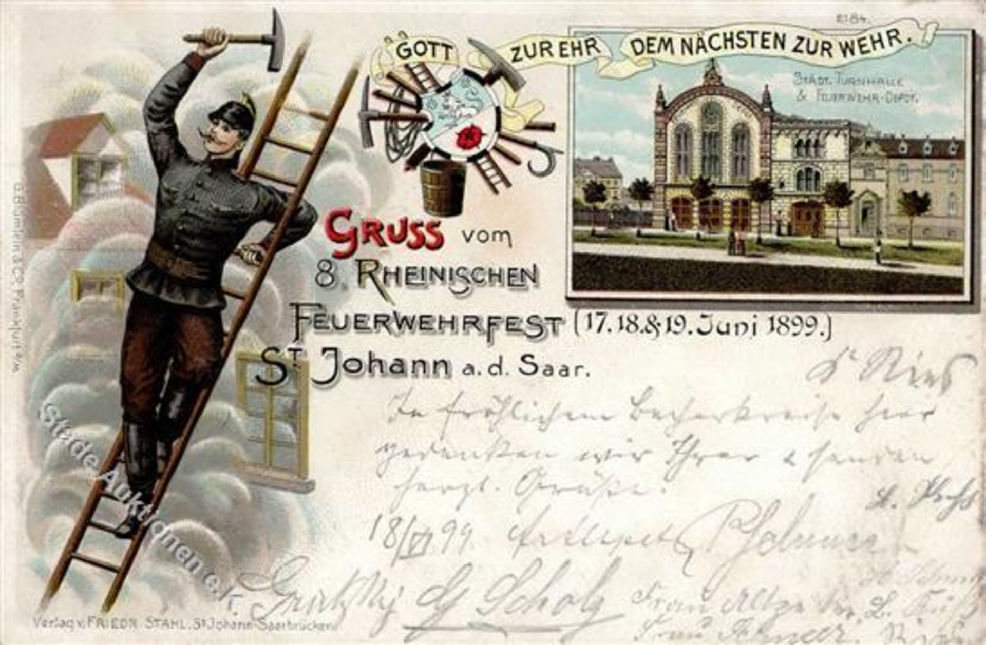 St. Johann (6600) 8. Rheinisches Feuerwehrfest Feuerwehr-Depot Turnhalle Lithographie 1899 I-II (