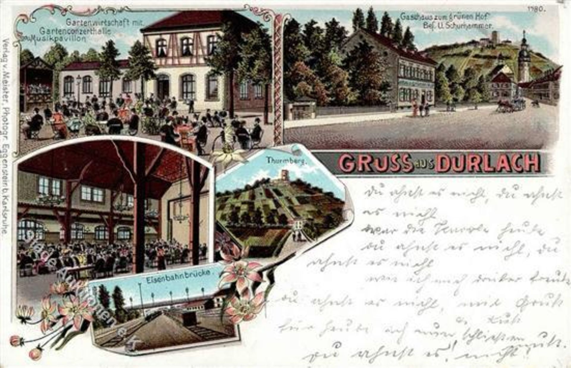 Durlach (7500) Gasthaus zum grünen Hof Eisenbahn Lithographie I-Dieses Los wird in einer online-