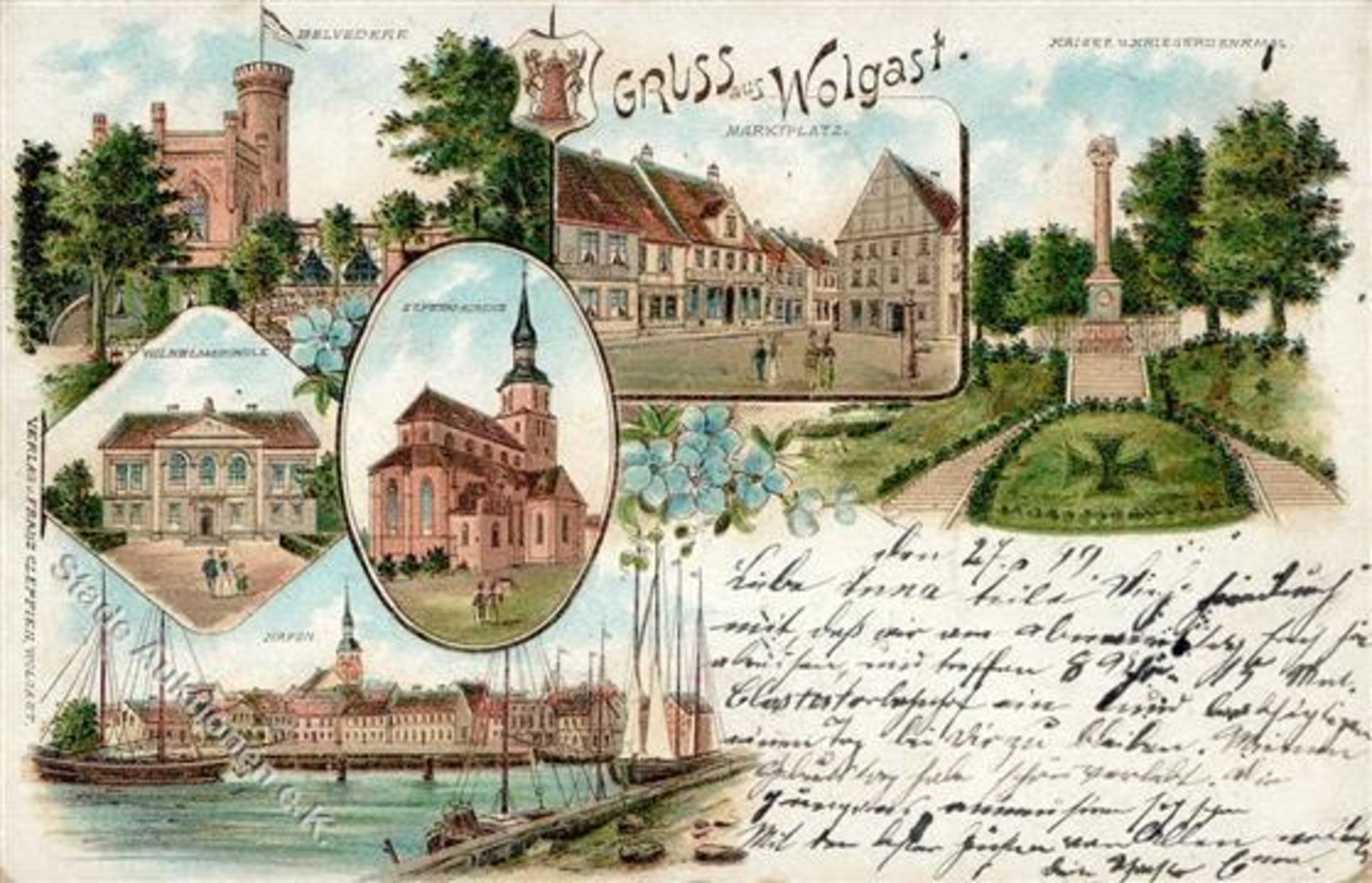 Wolgast (O2220) St. Peter-Kirche Hafen Kriegerdenkmal Lithographie 1899 II (kleine Stauchung)