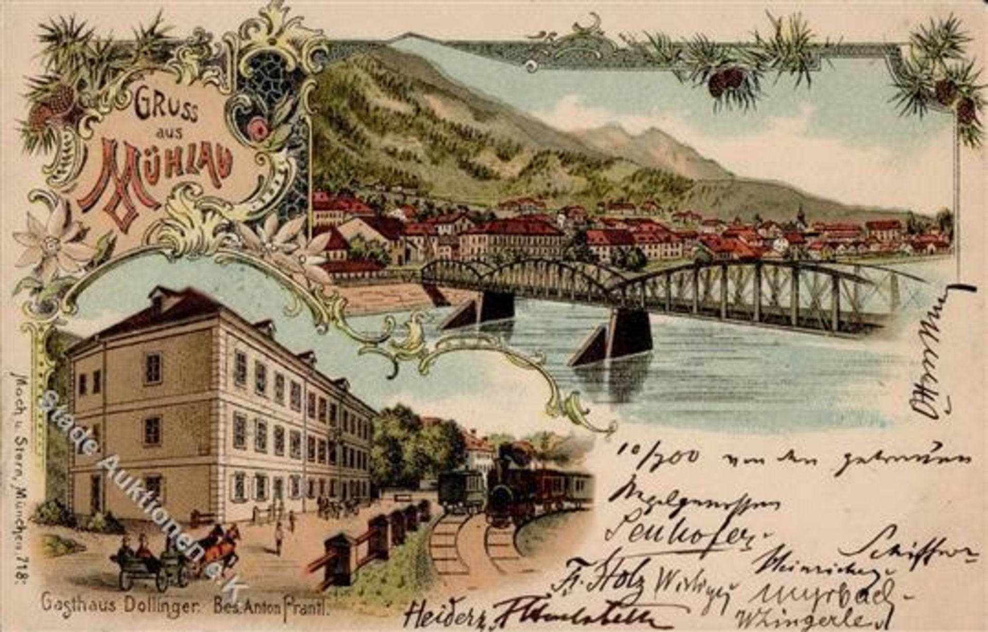 Mühlau (6020) Österreich Gasthaus Dollinger Anton Prantl Eisenbahn Lithographie 1900 II (Ecke