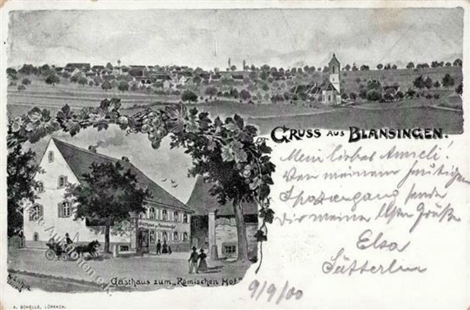 Blansingen (7859) Gasthaus zum Römischen Hof Kirche sign. K. Eichin 1900 II (Stauchung)Dieses Los