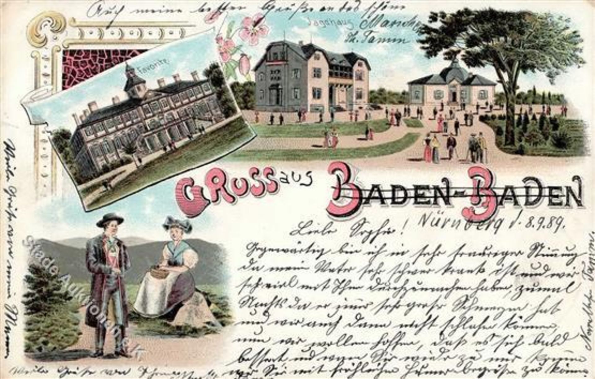Baden-Baden (7570) Gasthaus Jagdhaus Favorite Lithographie 1898 I-II (Ecken abgestoßen)Dieses Los