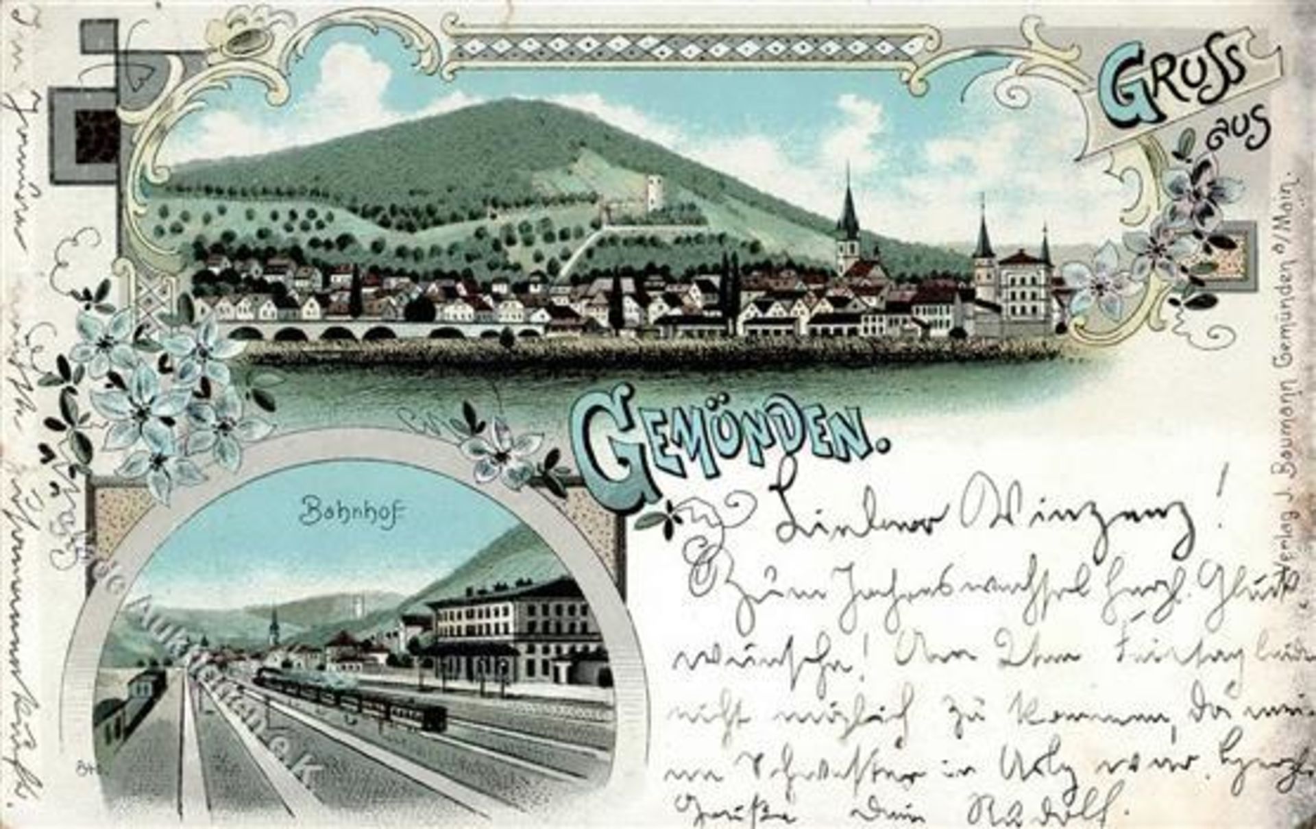 Gemünden (8780) Bahnhof Eisenbahn Lithographie 1898 II- (Einriss)Dieses Los wird in einer online-