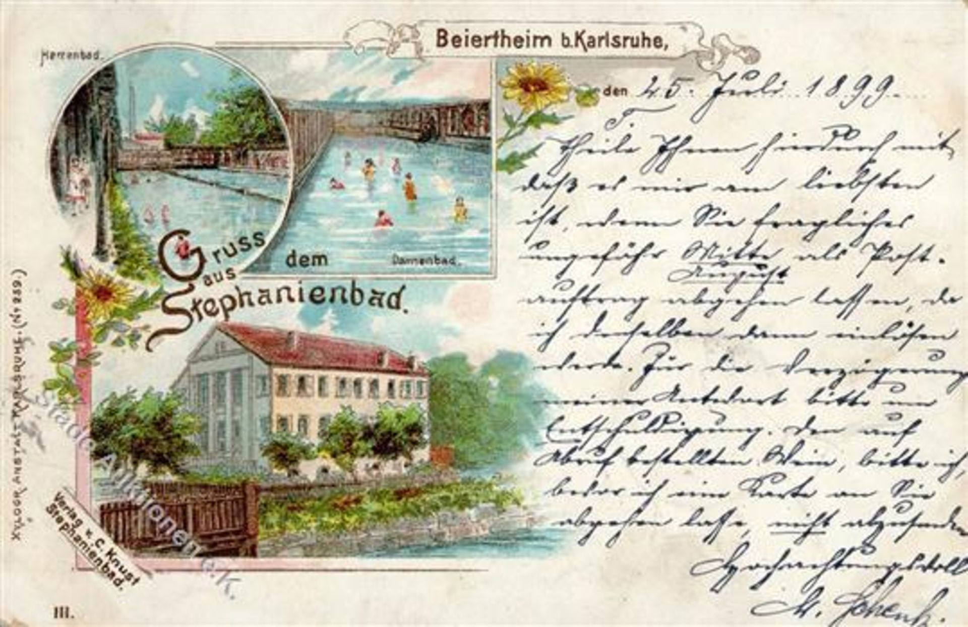 Karlsruhe (7500) Beiertheim Schwimmbad Stephanienbad 1899 II (Stauchung, Abschürfung RS, Marke