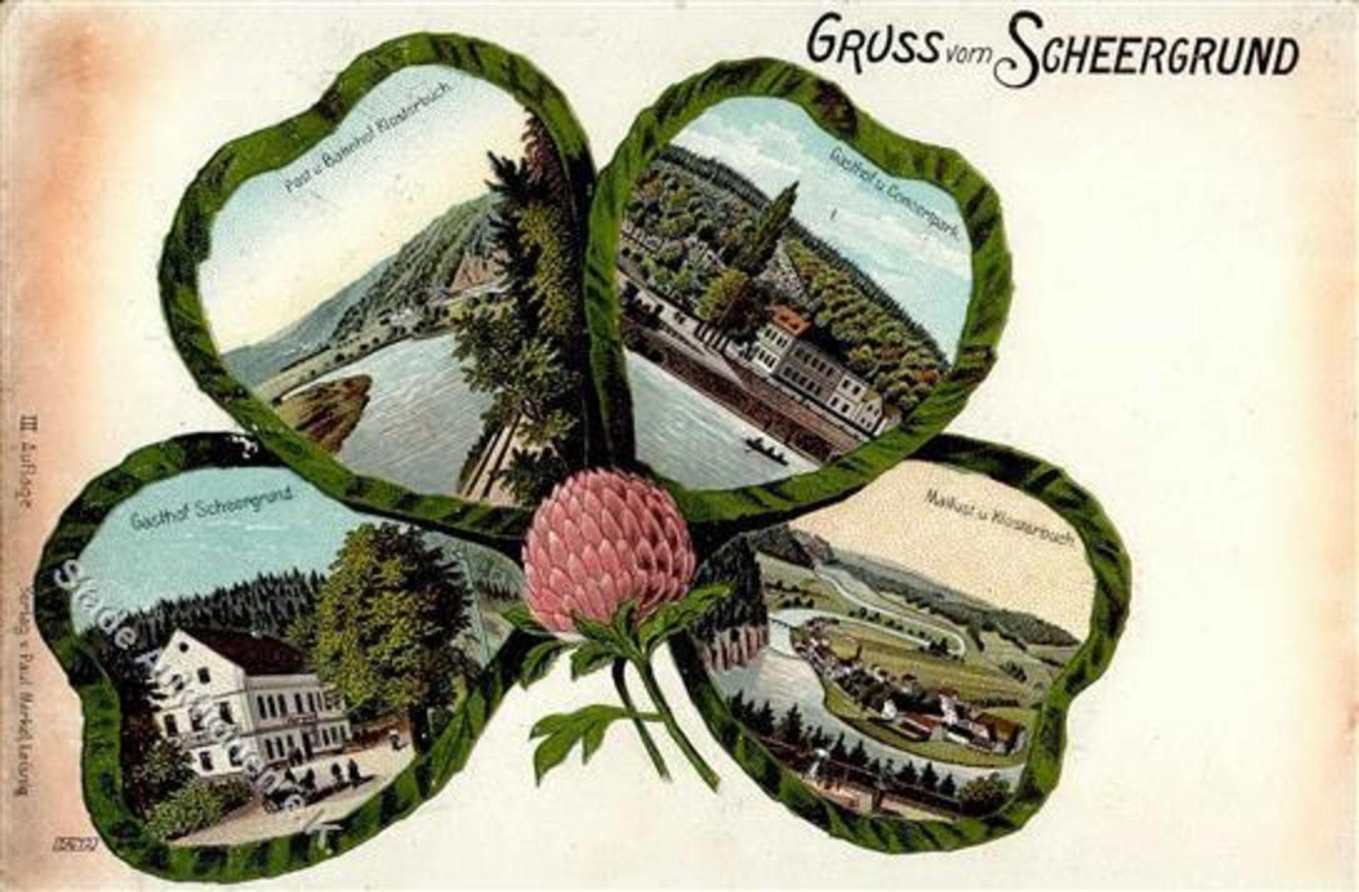 Scheergrund (O7321) Postamt Bahnhof Gasthaus Konzertpark Gasthaus Schergrund Lithographie 1905 II (