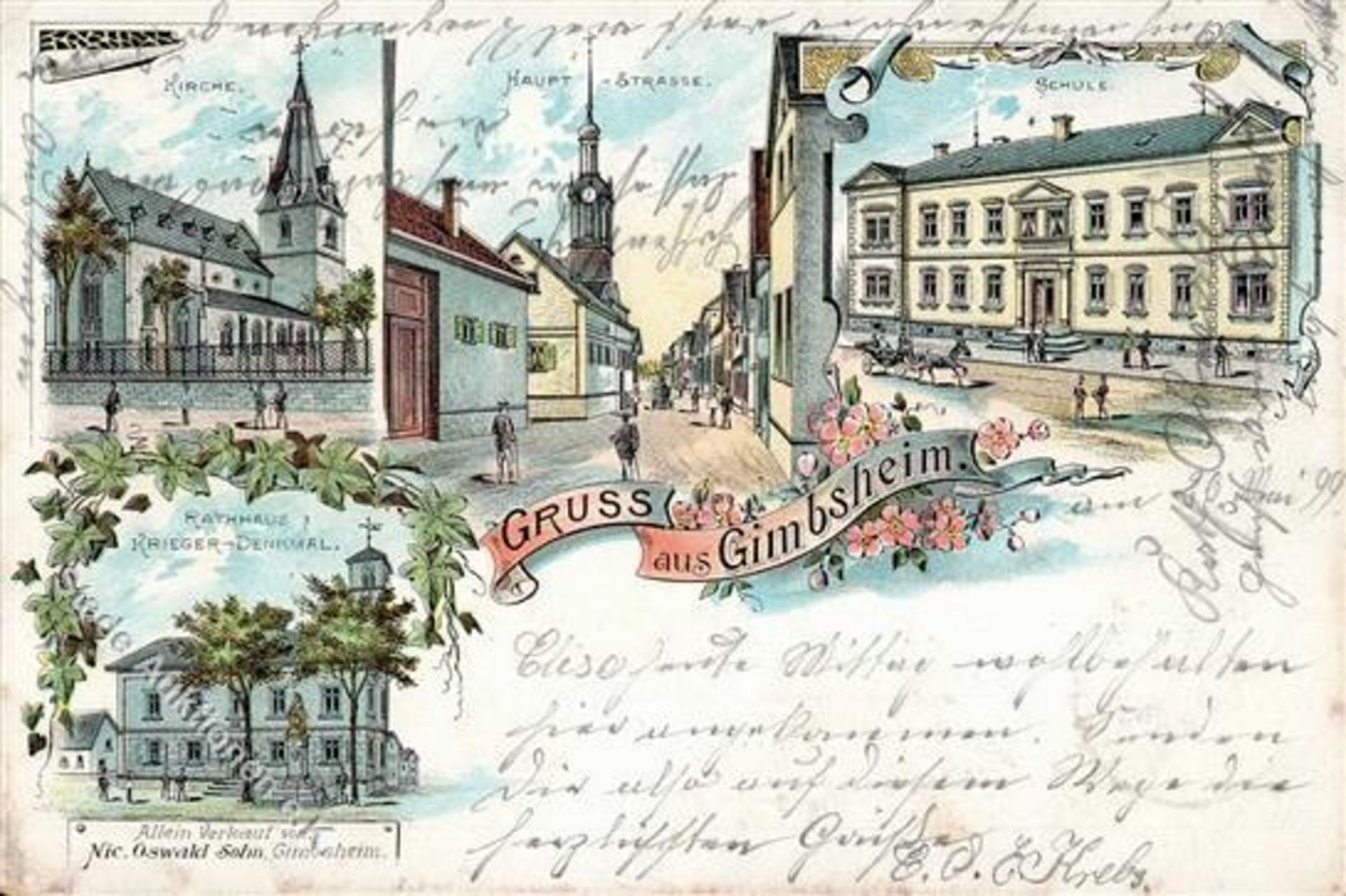 Gimbsheim (6527) Hauptstrasse Rathaus Kriegerdenkmal Lithographie 1899 II (Stauchung)Dieses Los wird