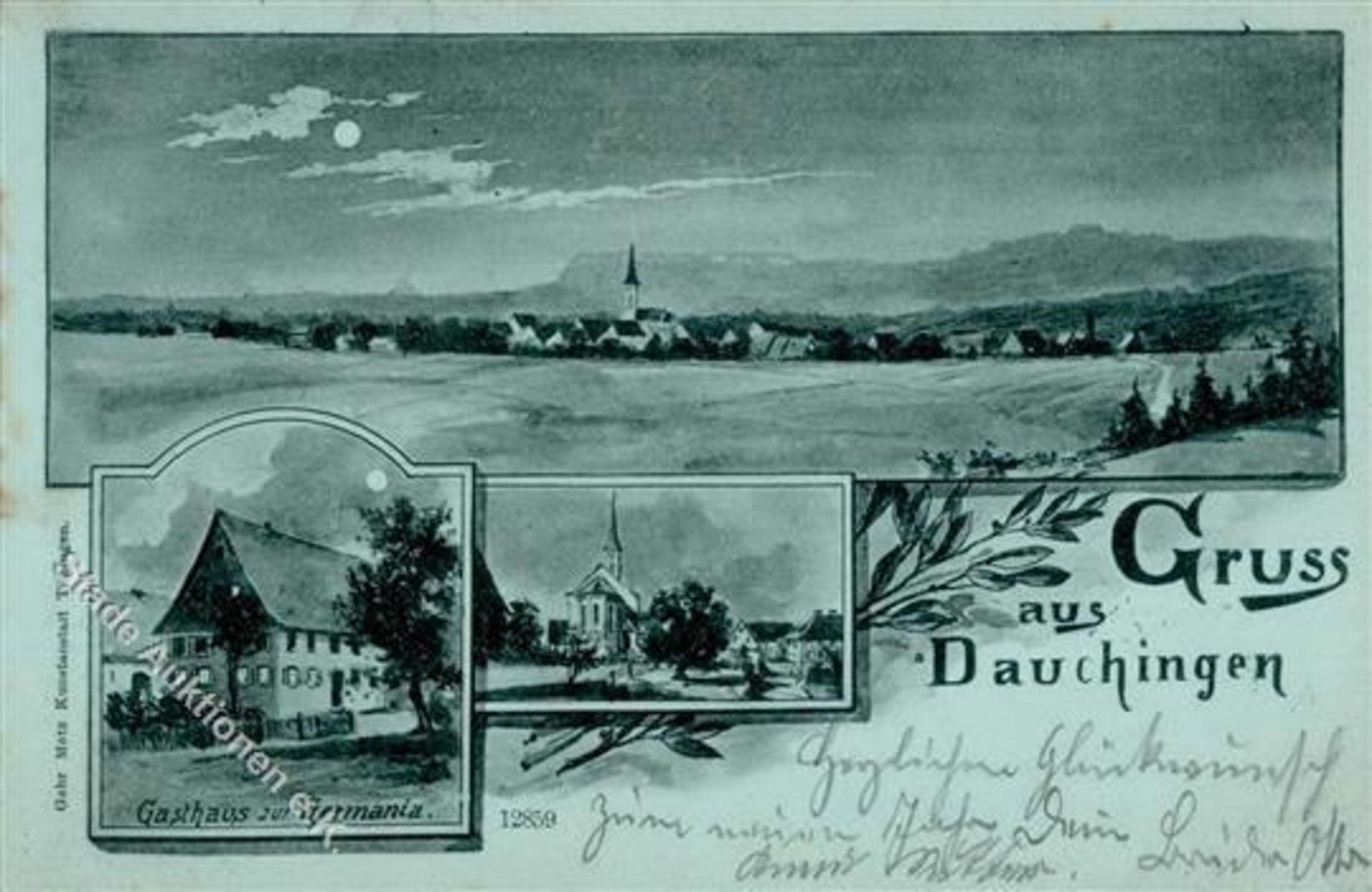 Dauchingen (7735) Gasthaus zur Germania Kirche Mondschein 1899 I-IIDieses Los wird in einer online-